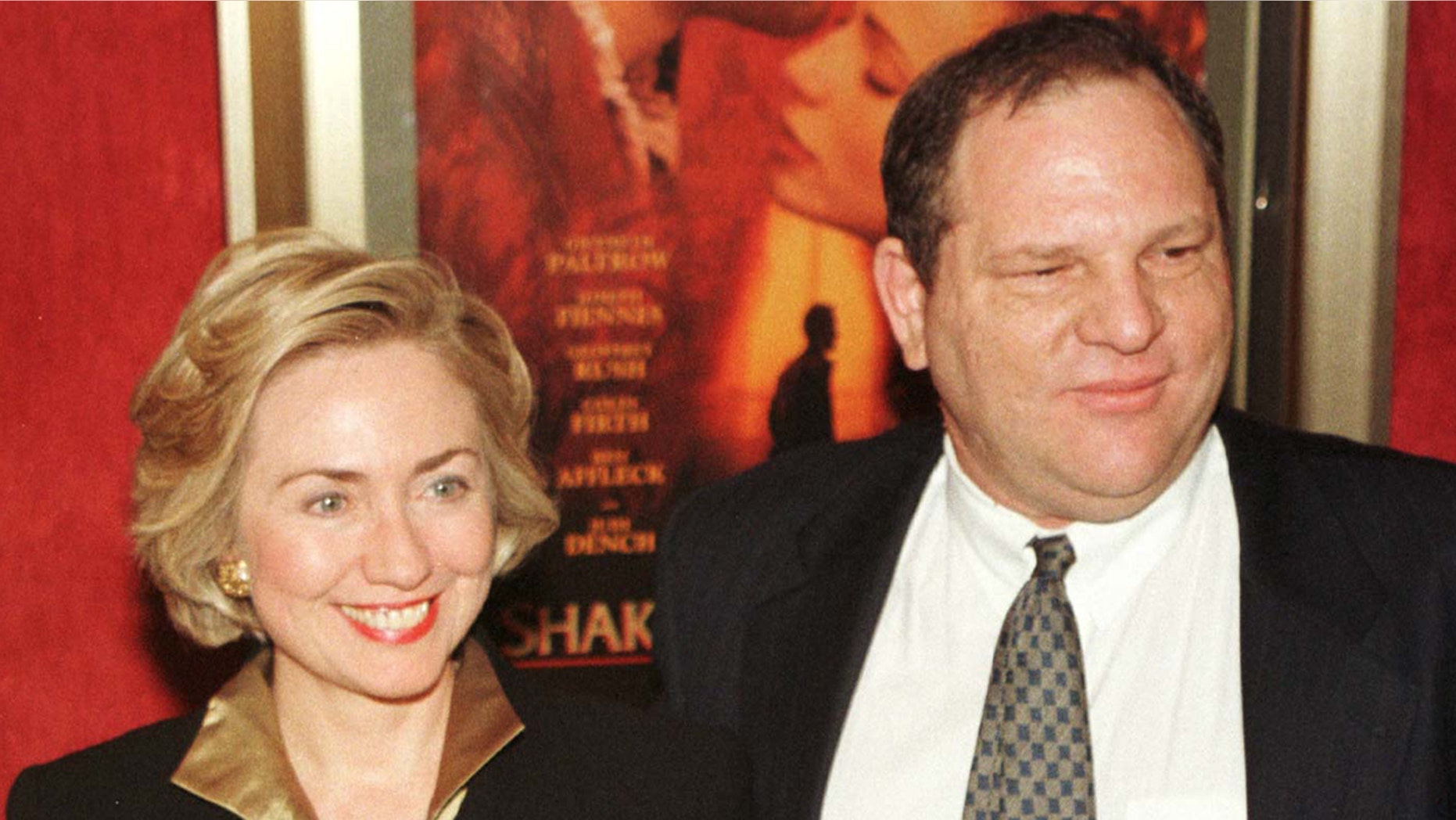 Hillary Clinton attended the premiere of “Shakespeare in Love,” produced by Harvey Weinstein, which won the Oscar for Best Picture.