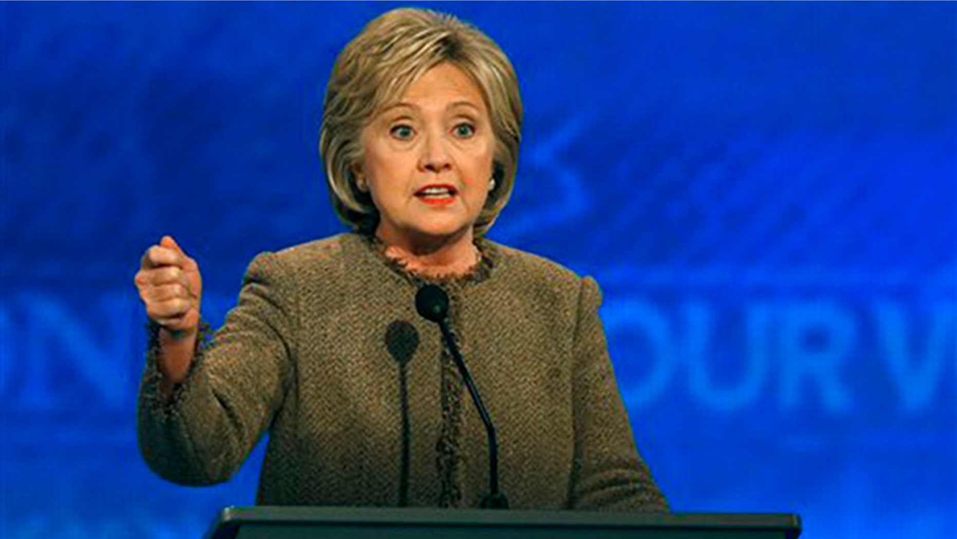 Hillary Clinton speaks during a Democratic presidential primary debate Saturday, Dec. 19, 2015, at Saint Anselm College in Manchester, N.H. (AP Photo/Jim Cole)