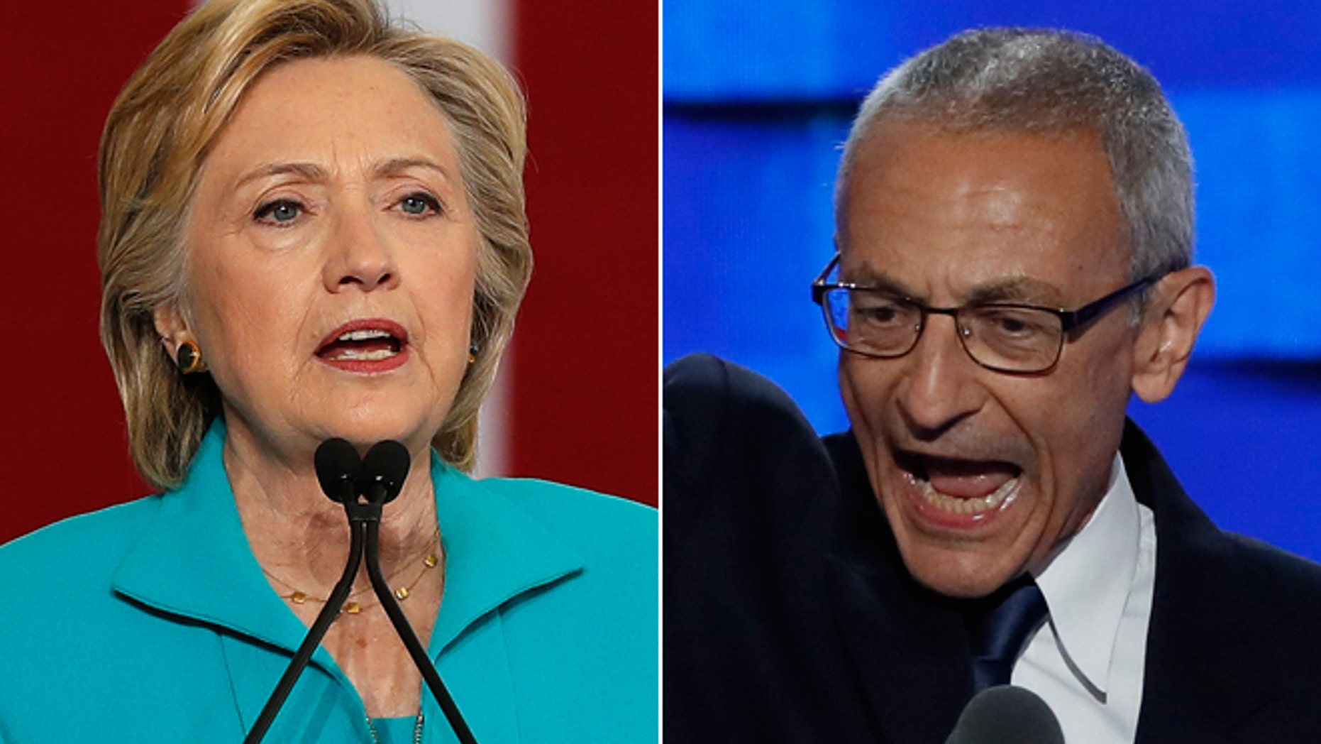 This composite image shows Hillary Clinton, left, and Clinton campaign Chair John Podesta, right.