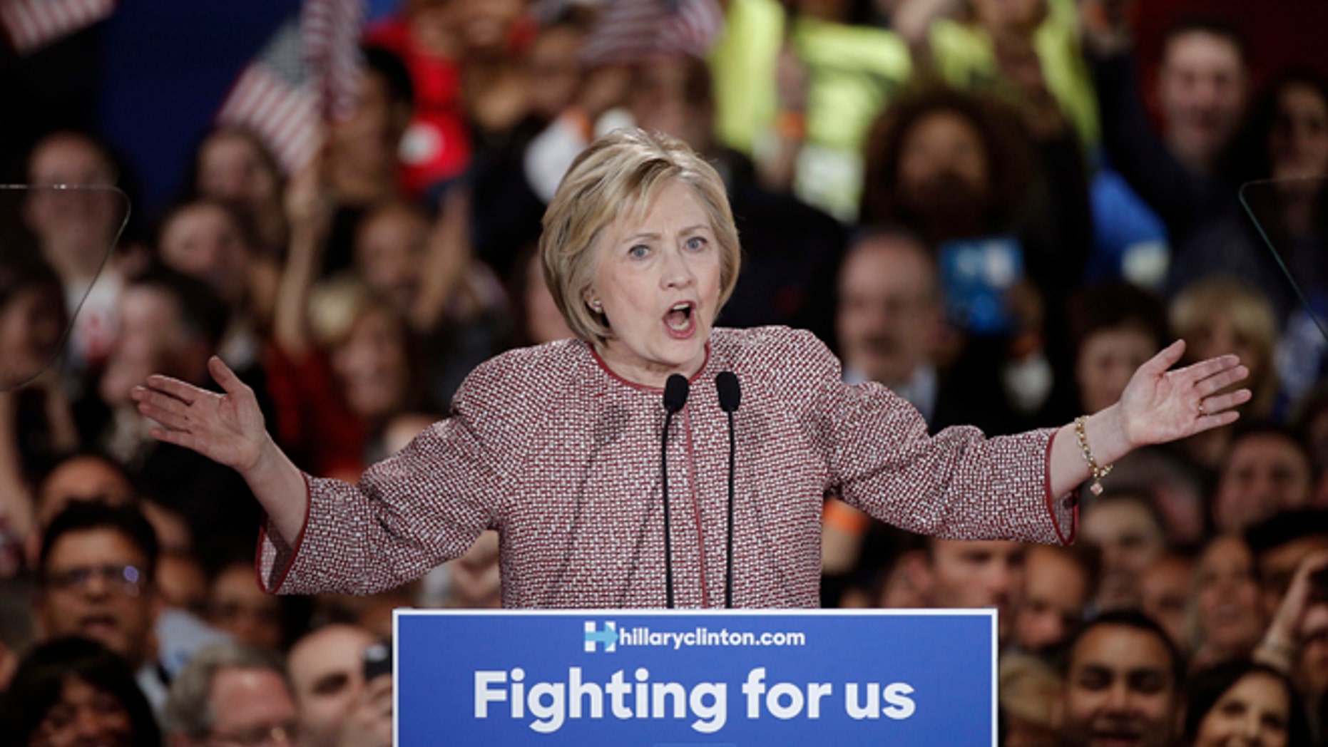 Democratic presidential candidate Hillary Clinton speaks at her New York presidential primary night rally in the Manhattan borough of New York City, U.S., April 19, 2016.