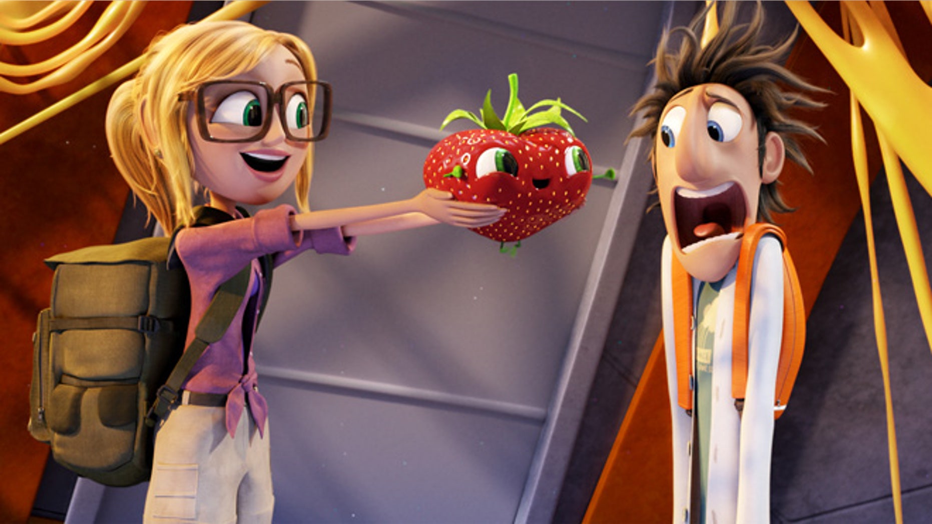 This film image released by Sony Pictures Animation shows characters, from left, Sam Sparks, voiced by Anna Faris, Barry the Strawberry, voiced by Cody Cameron, and Flint Lockwood, voiced by Bill Hader in a scene from "Cloudy with a Chance of Meatballs."