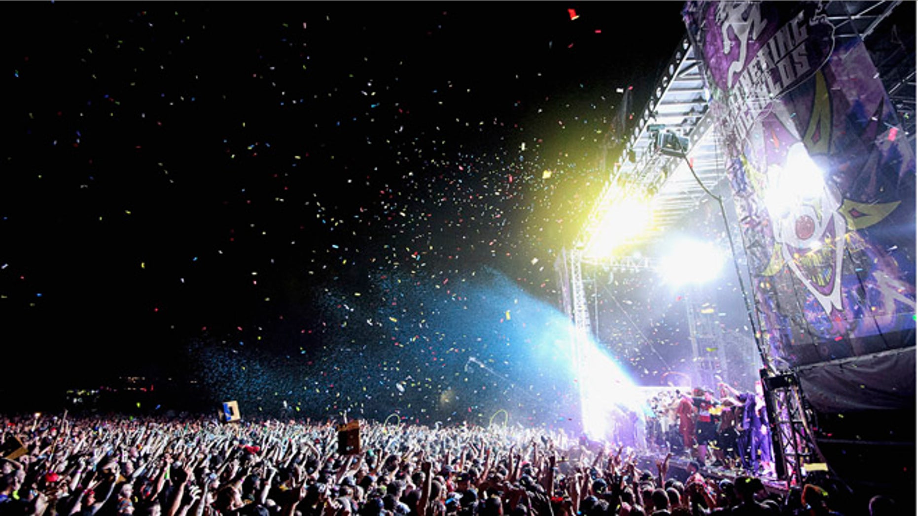 Aug. 11, 2012: Confetti is released over the crowd for the grand finale of Insane Clown Posse's headline performance on the final night of the Gathering of the Juggalos at Cave-In-Rock, Ill.