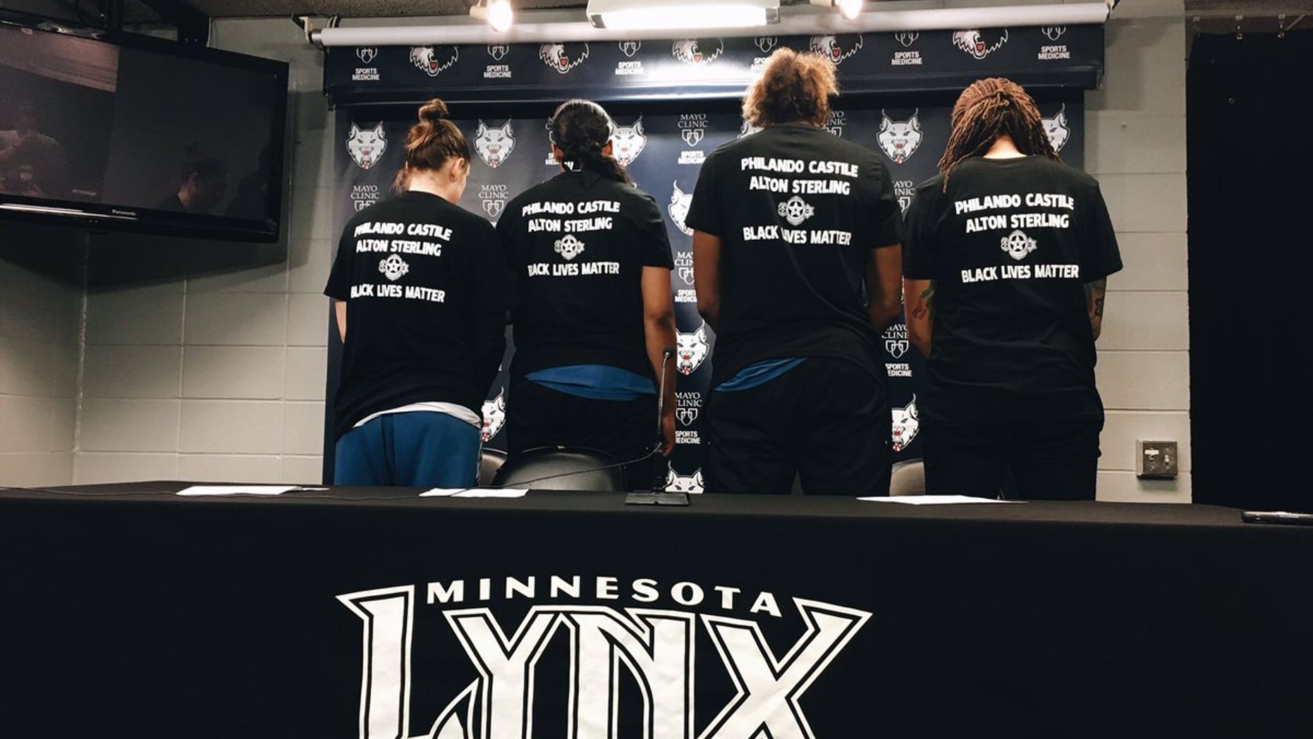 Minnesota Lynx players displayed their shirts before a game at the Target Center on Saturday.