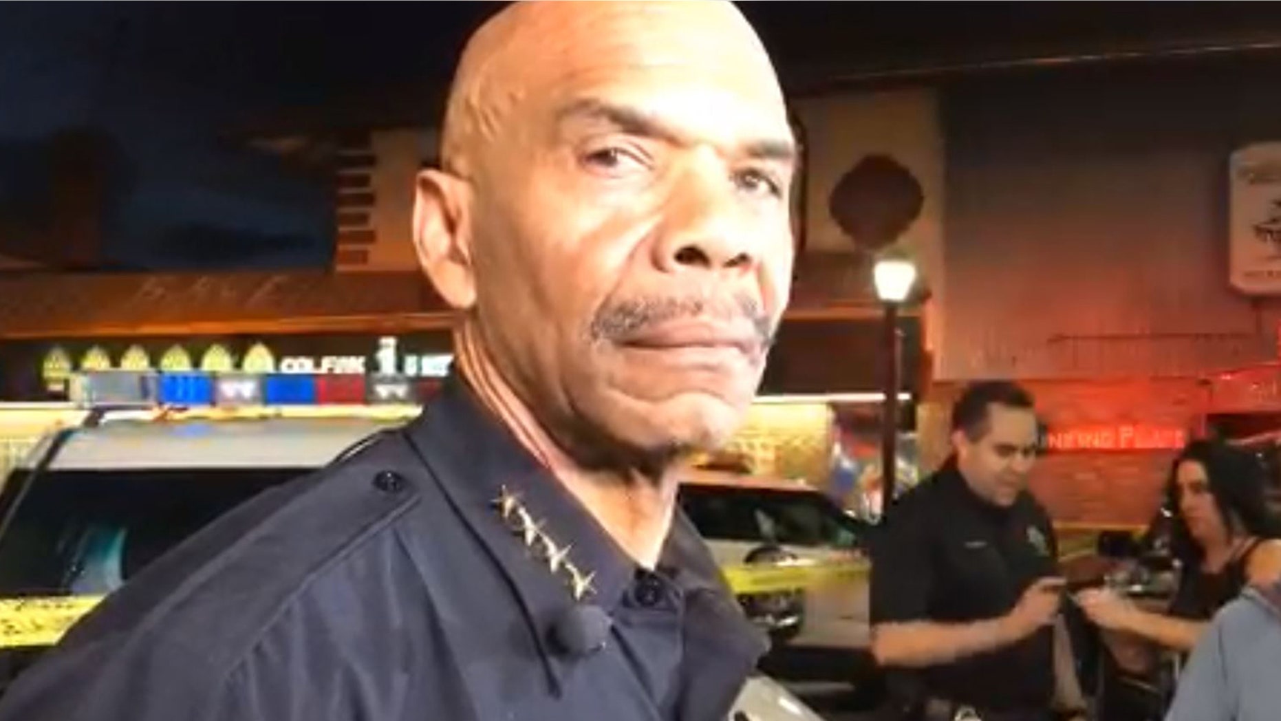 Denver police Chief Robert White briefs the media after an officer was shot in the leg.