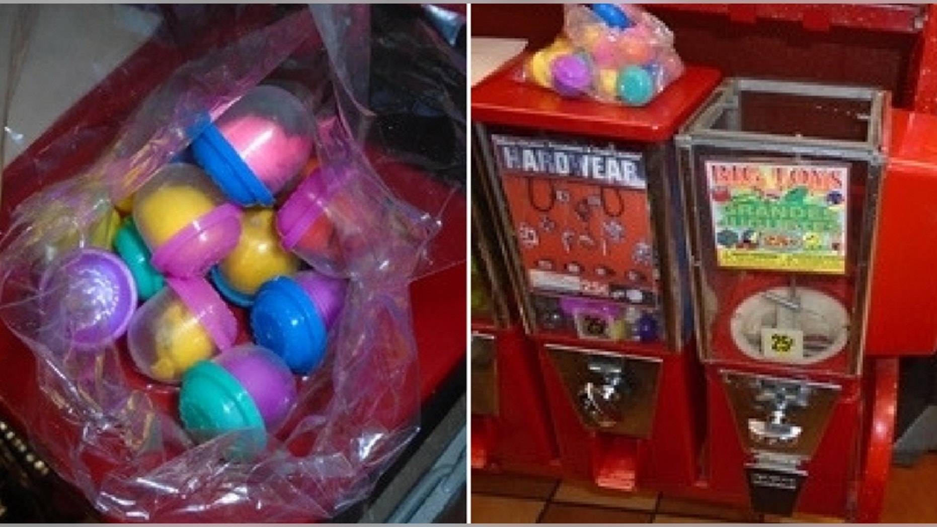 Police in Bell Gardens discovered cocaine hidden in vending machine toys on Monday after a boy's trinket ruptured and spilled out white powder. (Bell Gardens Police Department)