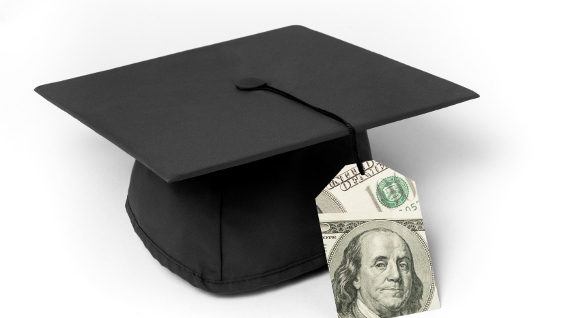 Mortarboard with 100 dollar bills price tag as a tassle on a white background