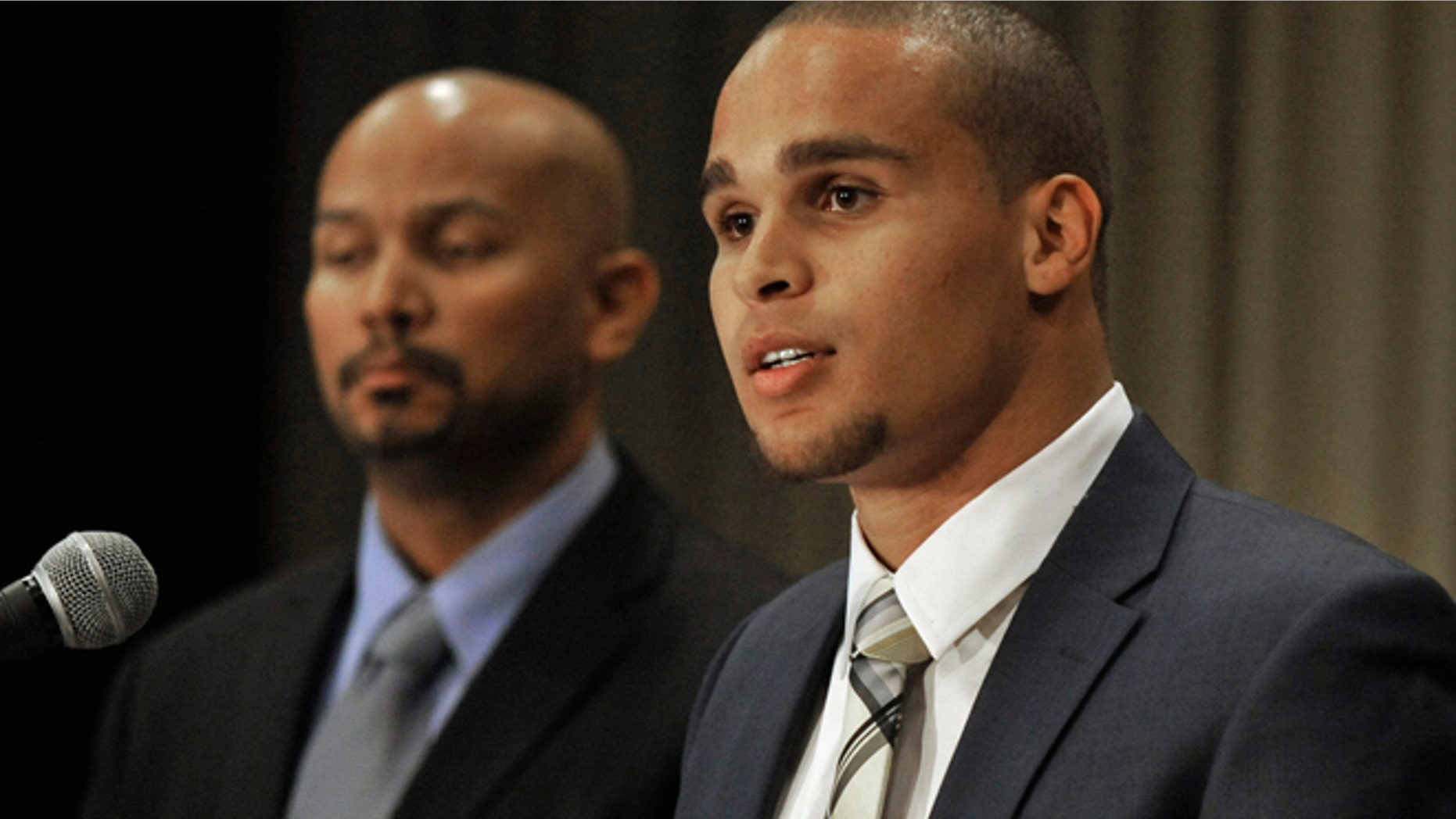 Jan. 28, 2014: In this photo, Northwestern quarterback Kain Colter, right, speaks while College Athletes Players Association President Ramogi Huma listens during a news conference in Chicago.