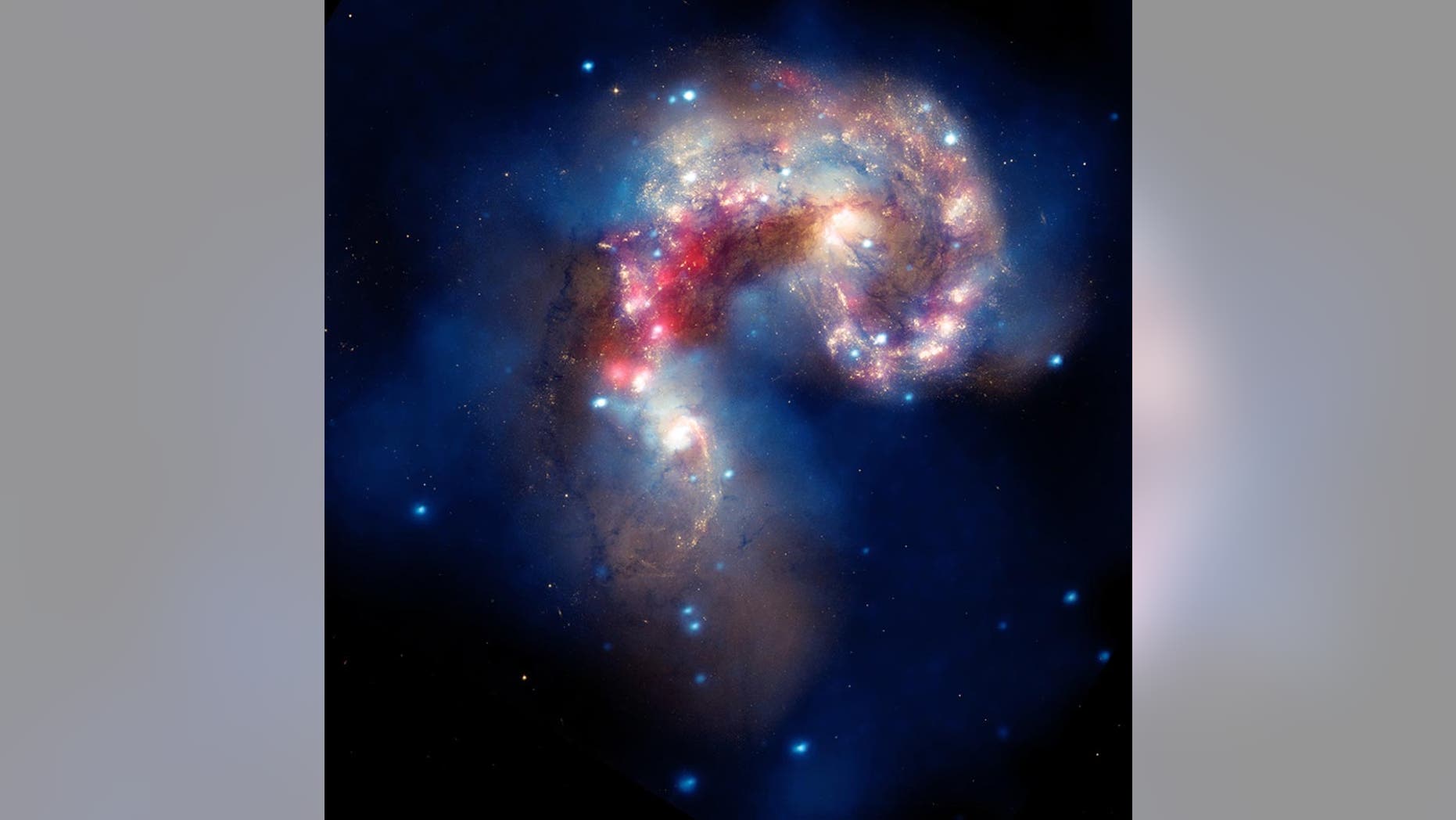 File photo: This beautiful new composite image of two colliding galaxies was released by NASA's Great Observatories. The collision between the Antennae galaxies, which are located about 62 million light-years from Earth, began more than 100 million years ago and is still occurring. (NASA, ESA, SAO, CXC, JPL-Caltech, and STScI)
