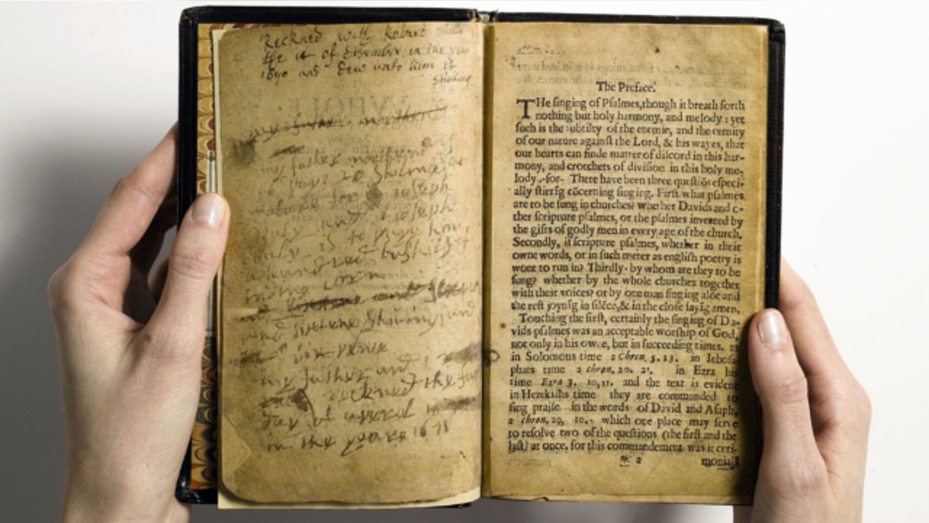 April 2013: This photo provided by Sotheby's and taken in New York shows what they describe as ‘the world’s most valuable book,’ the Bay Psalm Book, which is the first book ever printed in what is now the United States.