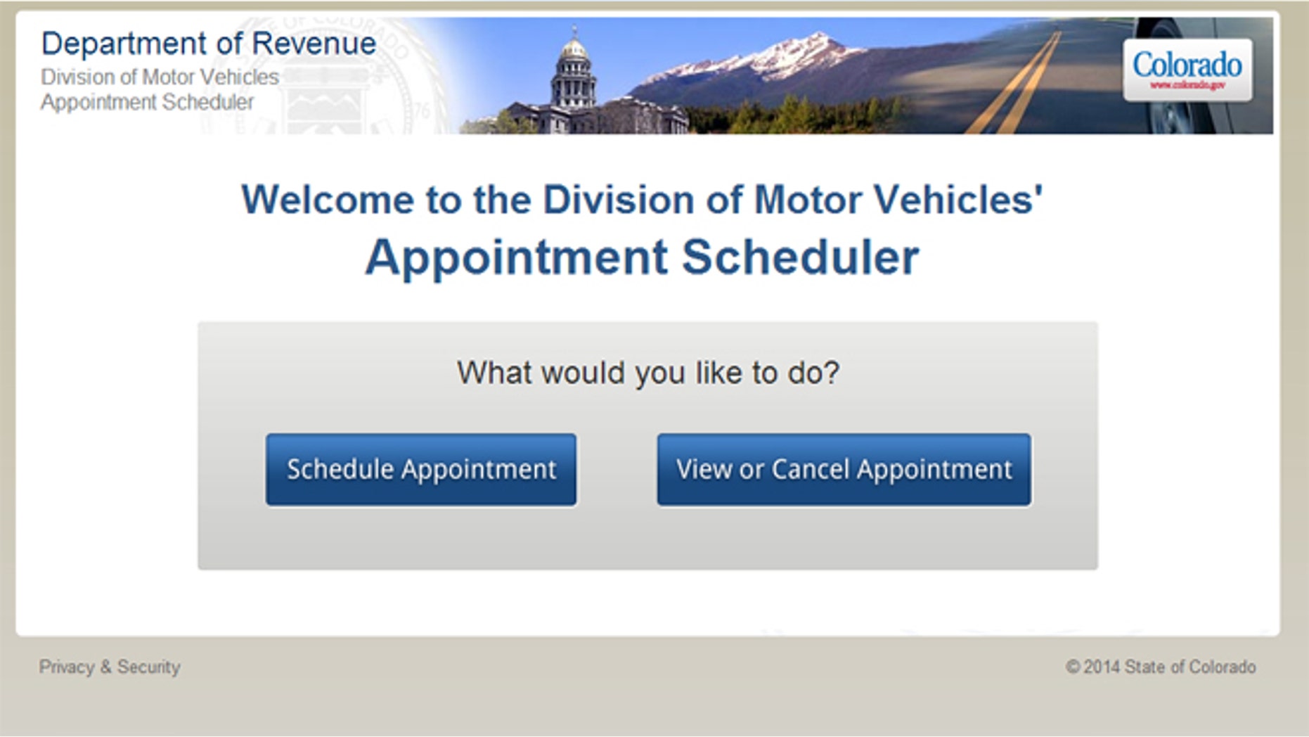 The website for Colorado's Division of Motor Vehicles 'Schedule an Appointment at a Driver’s License Office' page averaged 70,000 hits per hour on Tuesday, including a high of 107,500 hits hourly, compared to its hourly average of 8,126 hits per hour, a spokeswoman told FoxNews.com. (Colorado.gov)