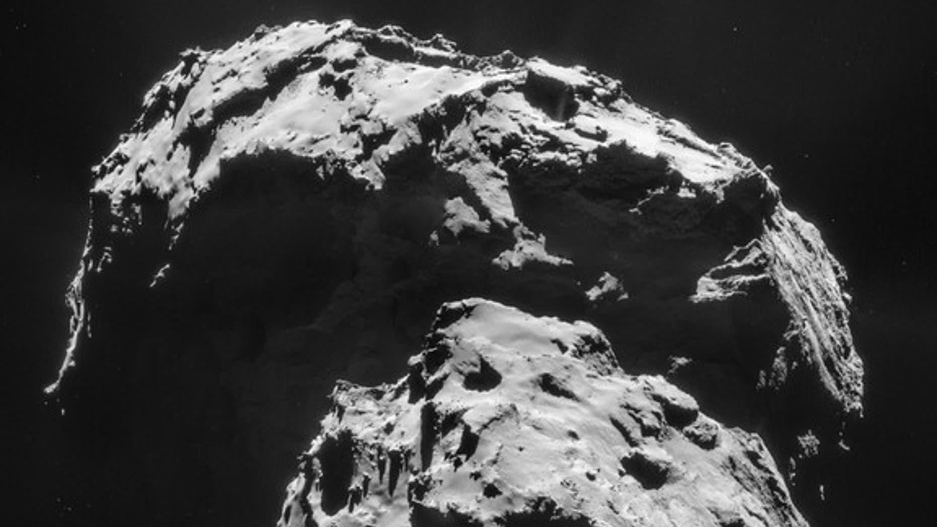 Comet 67P/Churyumov-Gerasimenko is seen here in an image captured by the Rosetta spacecraft. The mission's Philae lander hit the surface with a big bounce, demonstrating that the comet's surface is hard.