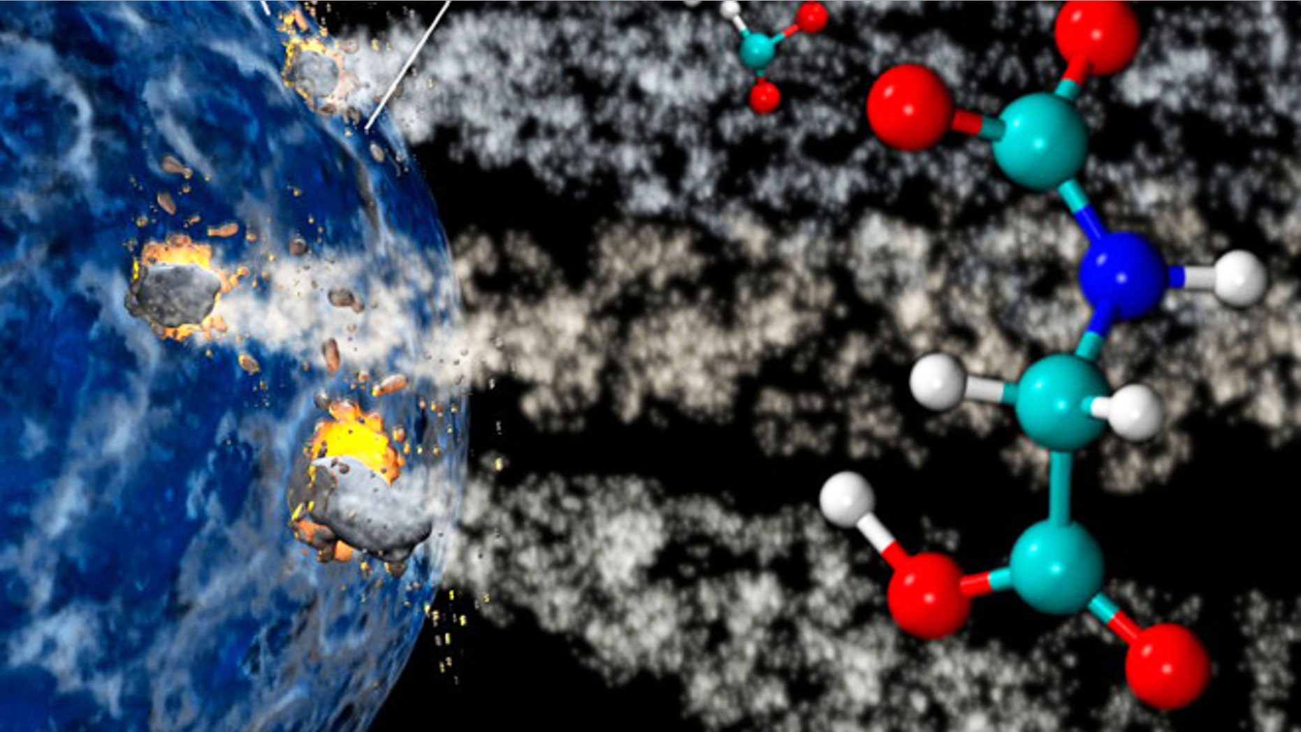 Comets contain elements such as water, ammonia, methanol and carbon dioxide that could have supplied the raw materials, in which upon impact on early Earth would have yielded an abundant supply of energy to produce amino acids and jump start life.