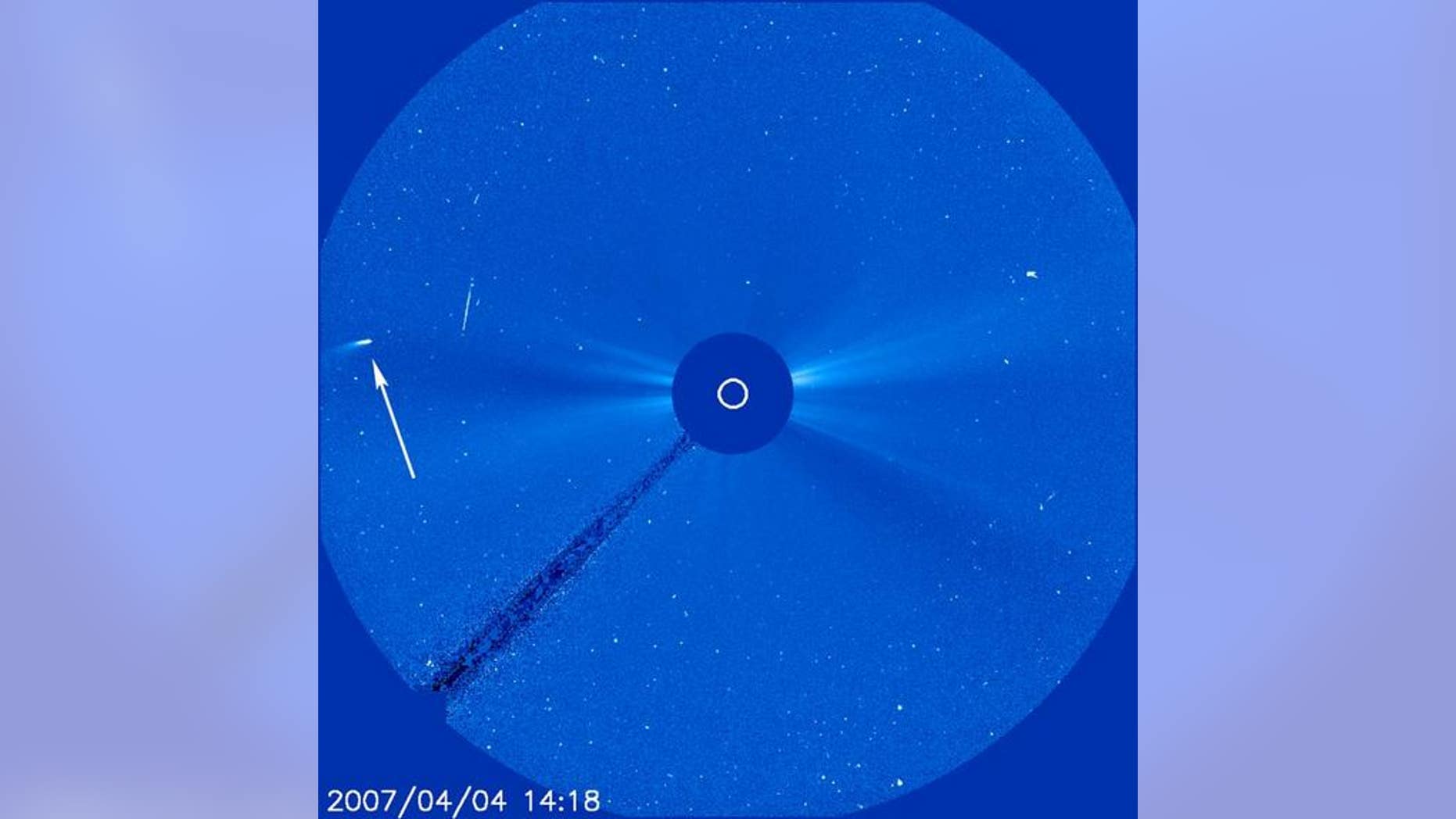 This view of comet Machholz was recorded by the SOHO space telescope in 2007. Comet Machholz was discovered in 1986 by amateur astronomer and comet-hunter Donald Machholz. It orbits the sun in just over five years.