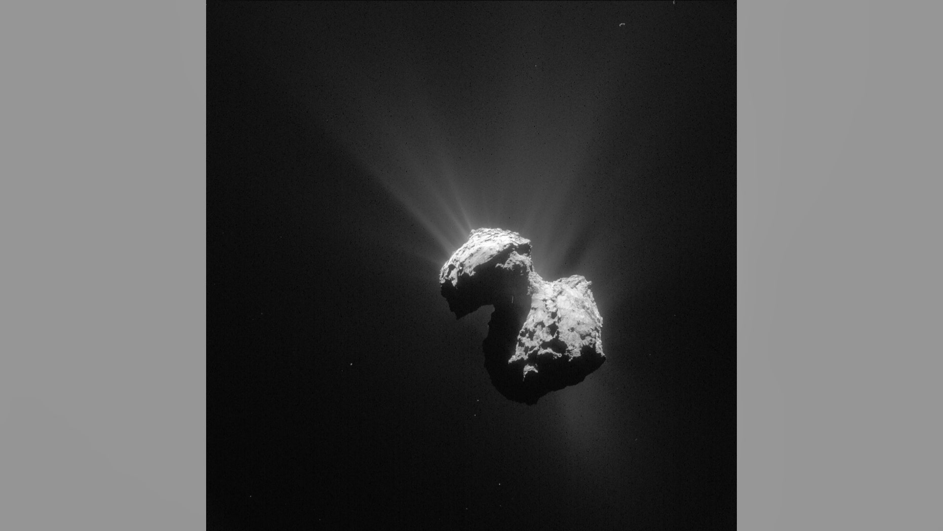 This single frame Rosetta navigation camera image of Comet 67P/Churyumov-Gerasimenko was taken on 7 July 2015 from a distance of 154 km from the comet centre. The image has a resolution of 13.1 m/pixel and measures 13.4 km across.