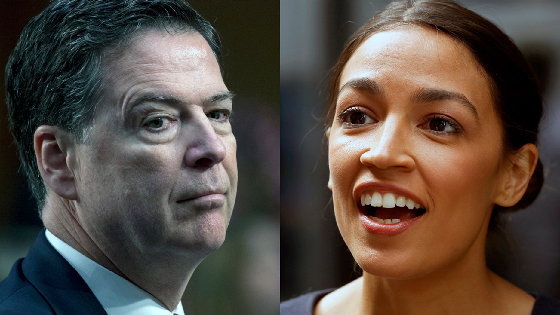 Former FBI Director James Comey, left, and Democratic congressional candidate Alexandria Ocasio-Cortez.