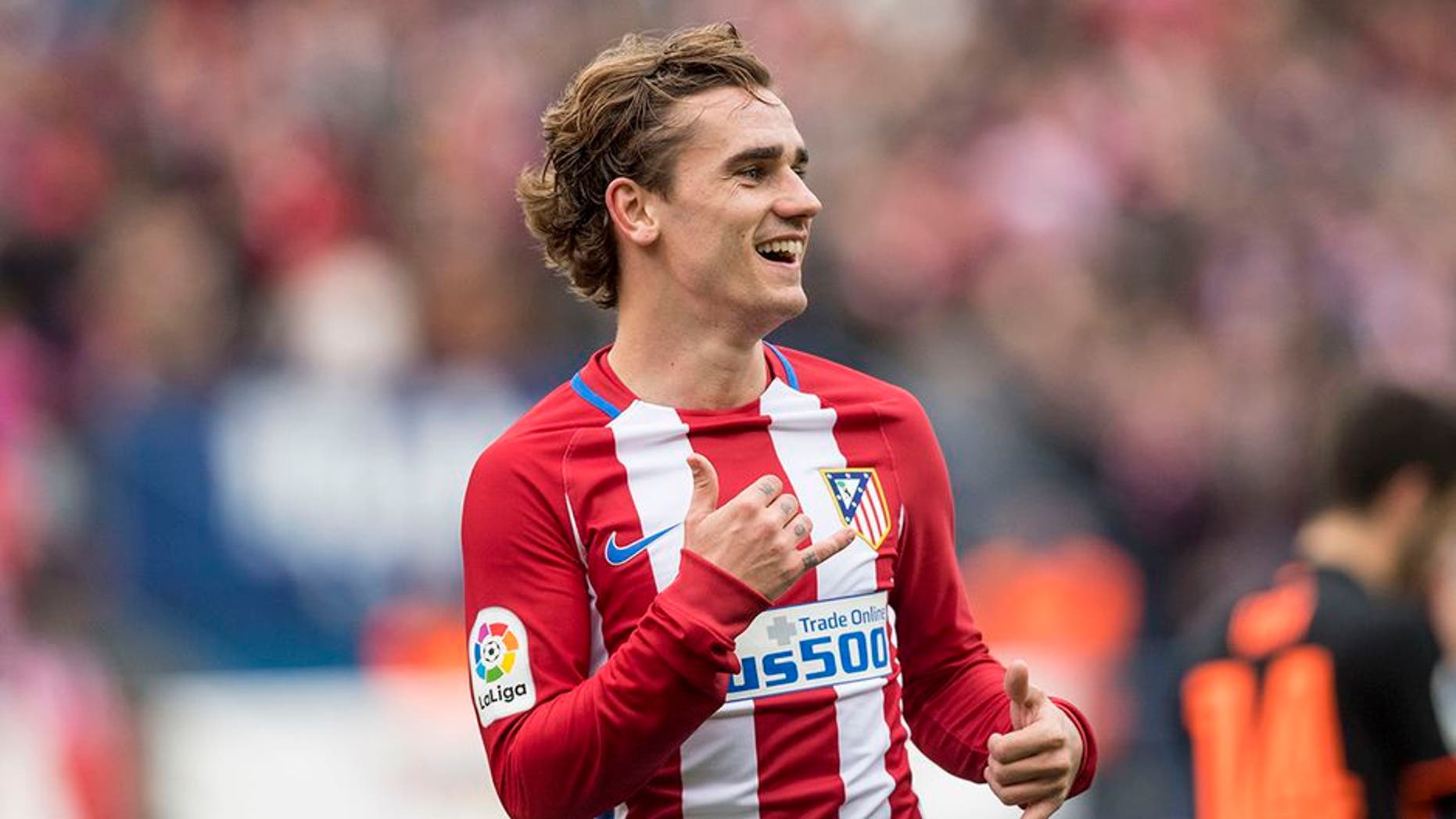 MADRID, SPAIN - MARCH 05: Antoine Griezmann of Atletico de Madrid celebrates during the match Atletico de Madrid vs Valencia CF, a La Liga match at the Estadio Vicente Calderon on 05 March 2017 in Madrid, Spain. (Photo by Power Sport Images/Getty Images)