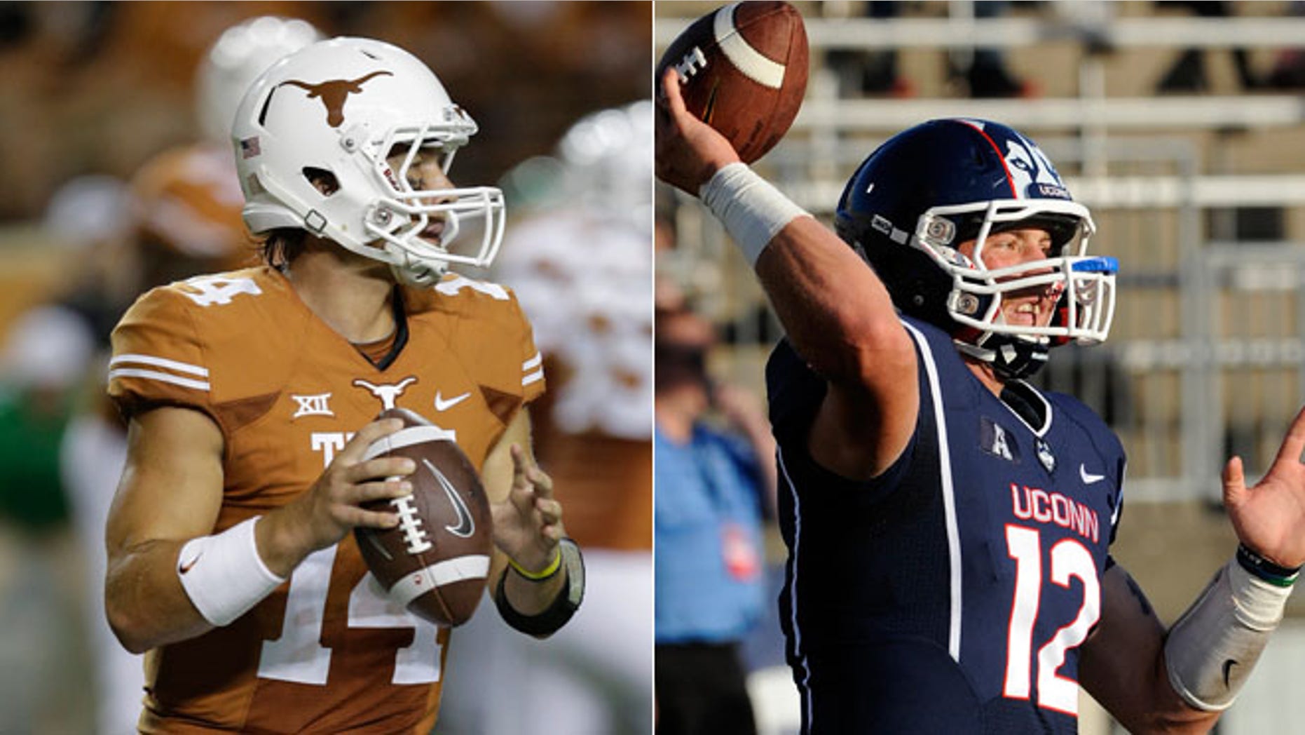 Texas' David Ash (14) looks to throw against North Texas, left, and Connecticut quarterback Casey Cochran (12) warms up before his team's NCAA football game against BYU, right.