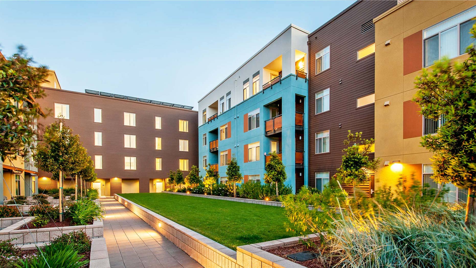 Condo courtyard in evening