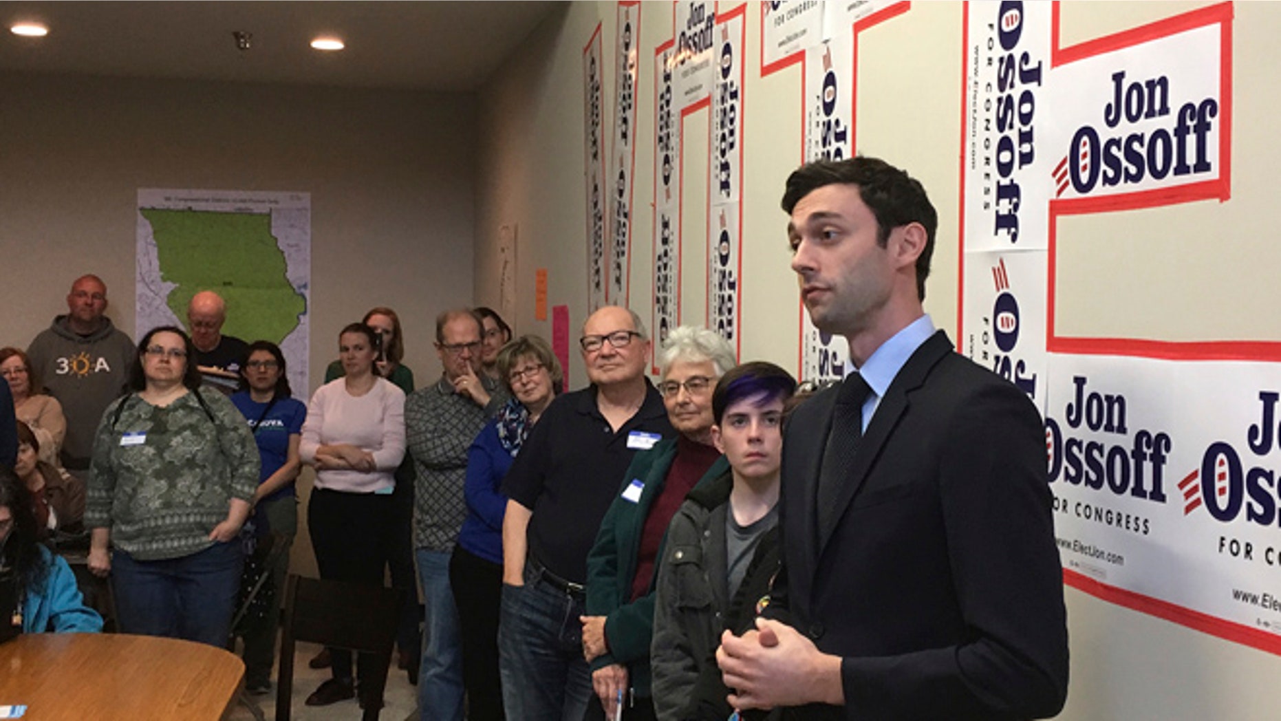 FILE: March 11, 2017: Jon Ossoff, the Democratic candidate in this year's Georgia special House election, at his Cobb County campaign office. (AP)