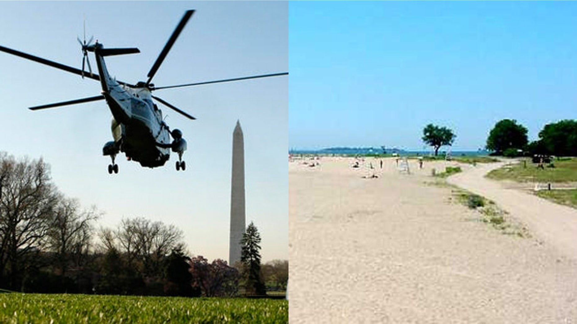 The presidential Marine One helicopter flies over Washington. Sherwood Island State Park is owned by Connecticut and borders the Long Island Sound.