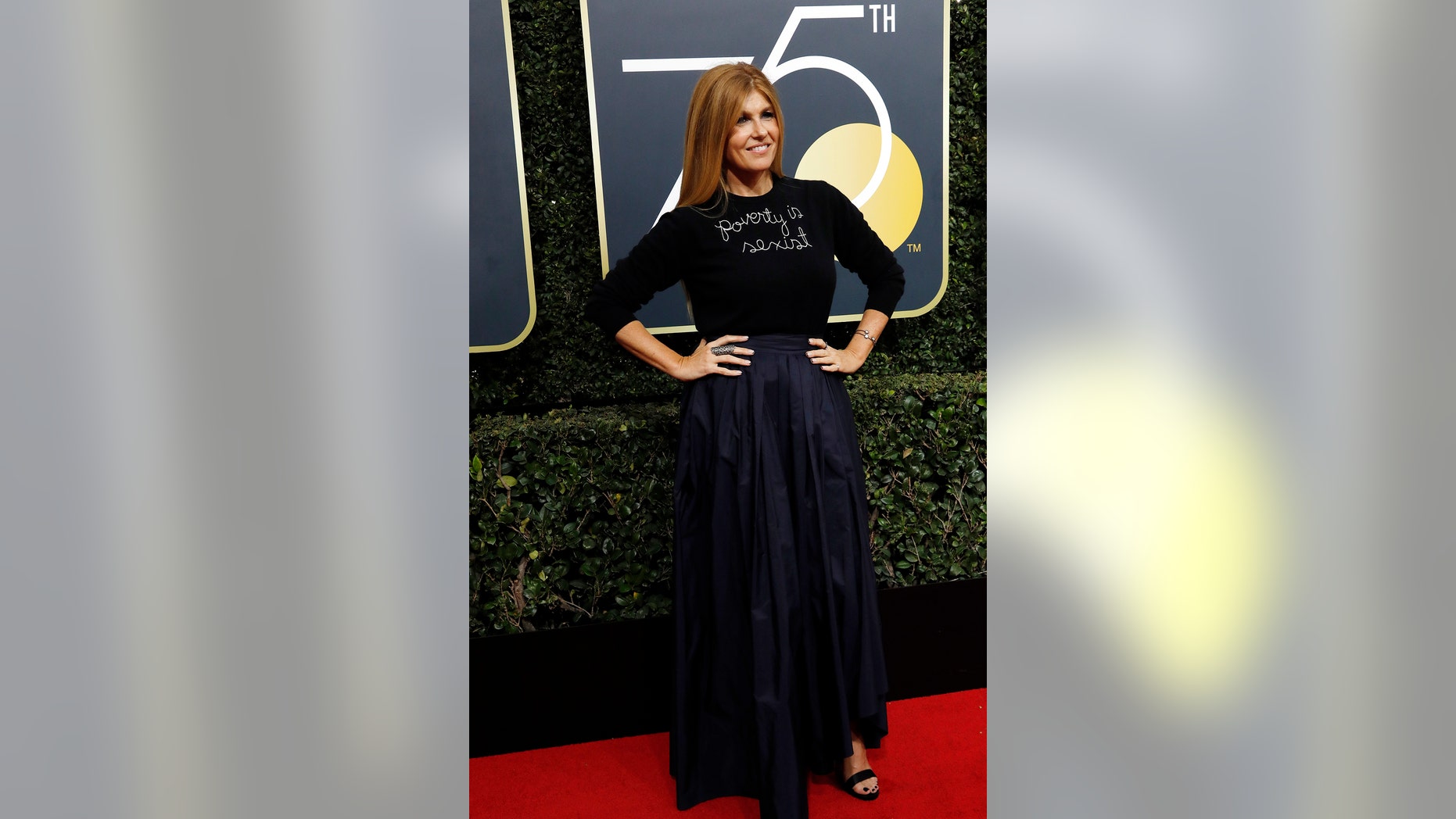 Actress Connie Britton turns heads at the 2018 Golden Globes with "Poverty is sexist" sweater.