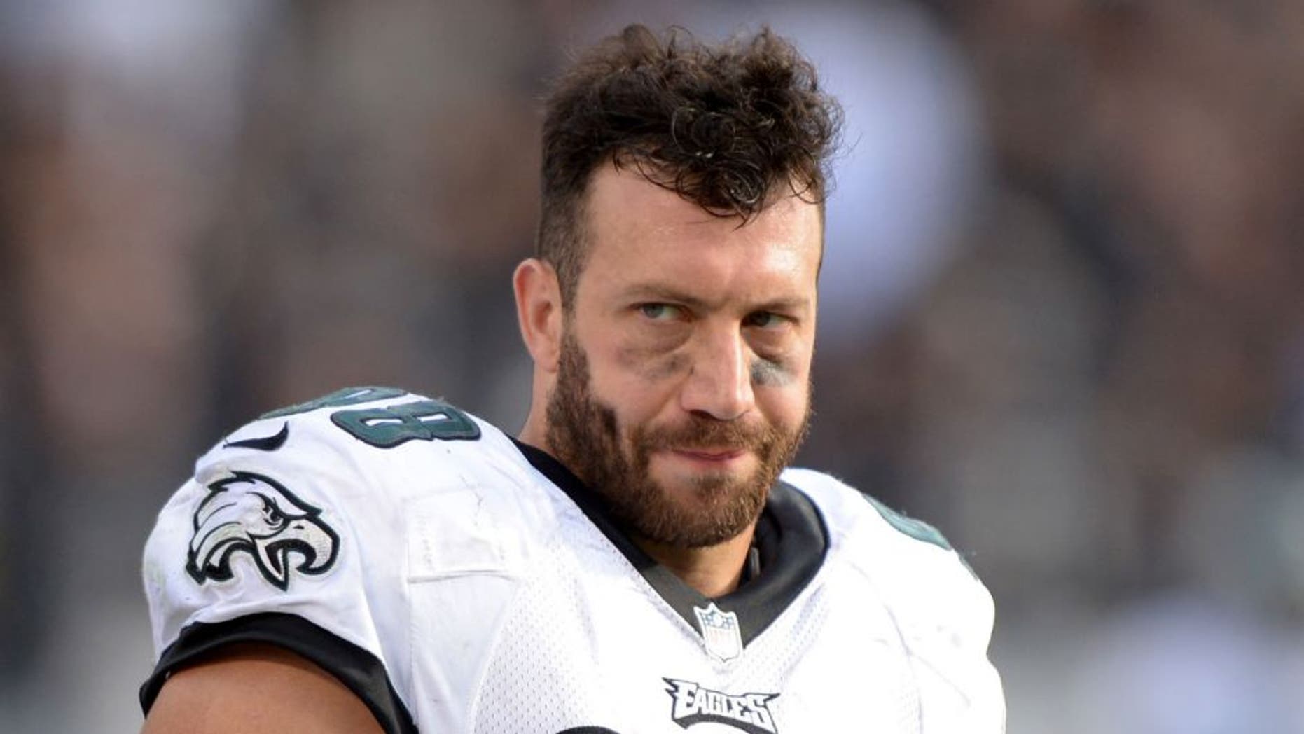 Nov 3, 2013; Oakland, CA, USA; Philadelphia Eagles linebacker Connor Barwin (98) during the game against the Oakland Raiders at O.co Coliseum. The Eagles defeated the Raiders 49-20. Mandatory Credit: Kirby Lee-USA TODAY Sports