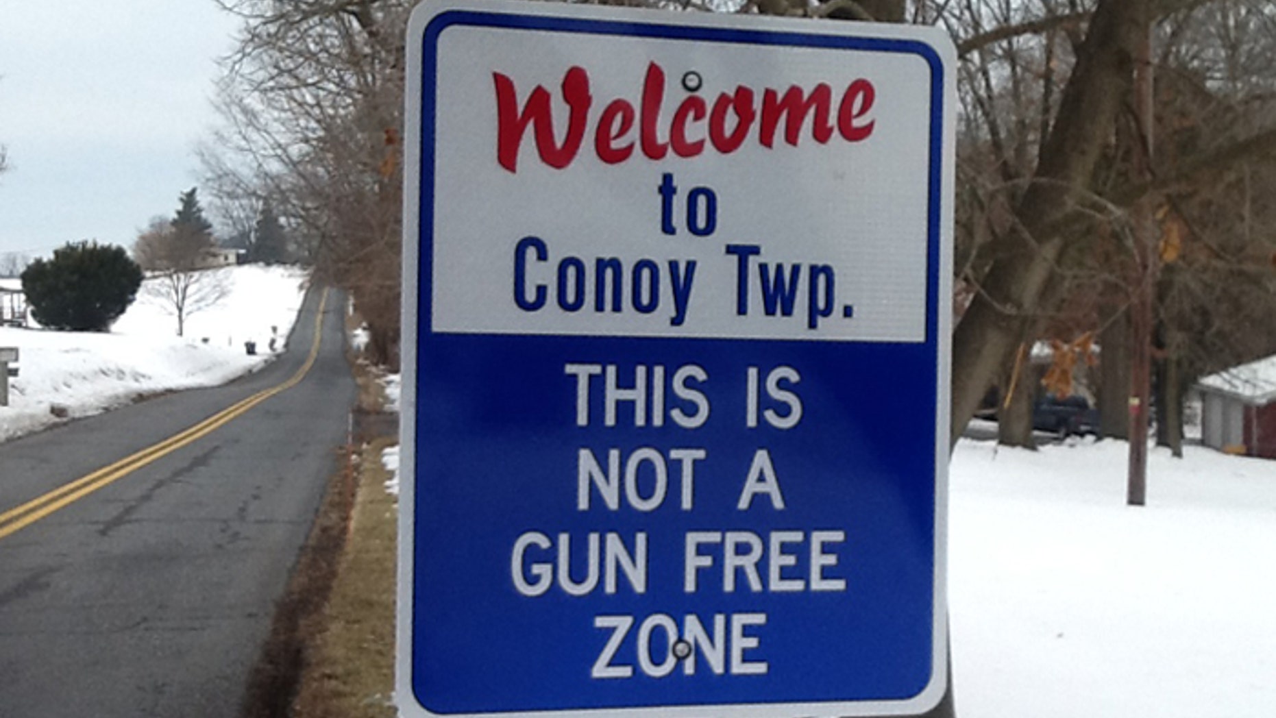 Signs marking the entry into the central Pennsylvania town of Conoy warn that the population may be armed. (Courtesy: Stephen Mohr)