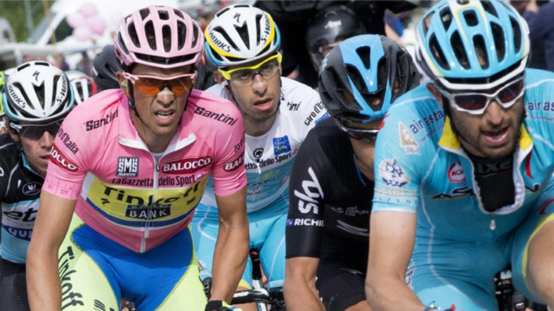 Overall leader Alberto Contador, of Spain, wears the pink jersey during the eight leg of the Giro d'Italia, Tour of Italy cycling race from Fiuggi to Campitello Matese, Italy, Saturday, May 16, 2015. (Claudio Peri/ANSA via AP) ITALY OUT