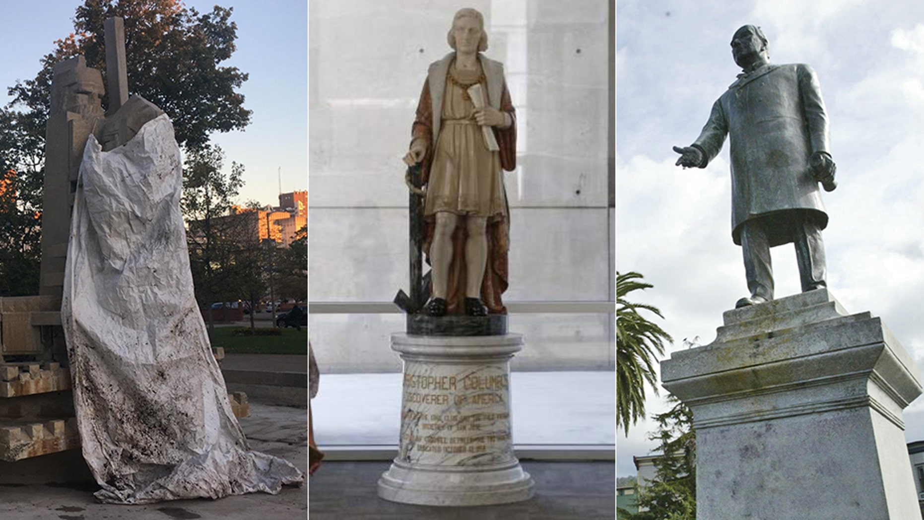 Arcata, Calif., is poised to remove its statue of William McKinley, right, amid outcry over the president's treatment of Native Americans. San Jose removed a statue of Christopher Columbus, center, from its city hall, while Kalamazoo, Mich., vowed to remove a statue of a Native American kneeling before a pioneer, left.