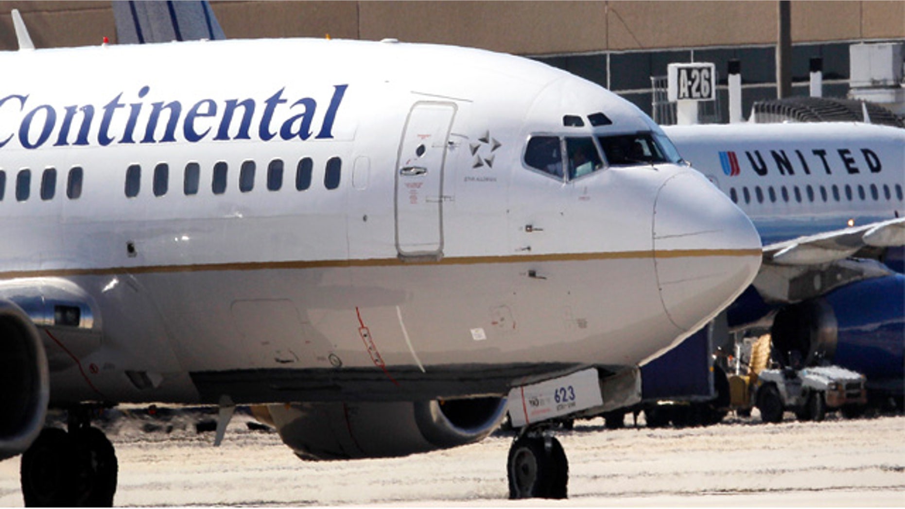 File: A Continental Airlines plane passes a United Airlines plane parked at a gate at George Bush Intercontinental Airport, in Houston. Shareholders of United and Continental airlines voted to approve a combination of their companies that would create the world's biggest airline.