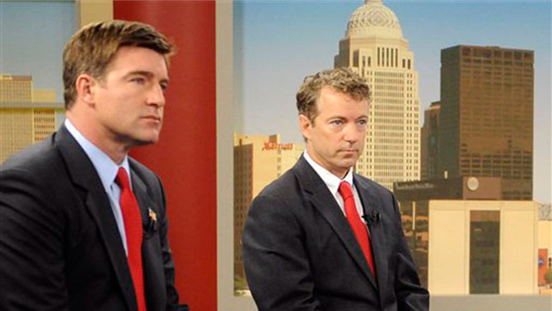 Candidates for Kentucky Senate, Democrat Jack Conway, left, and Republican Rand Paul prepare for a 'Fox News Sunday' debate in Louisville, Ky., Oct. 3. (AP Photo)
