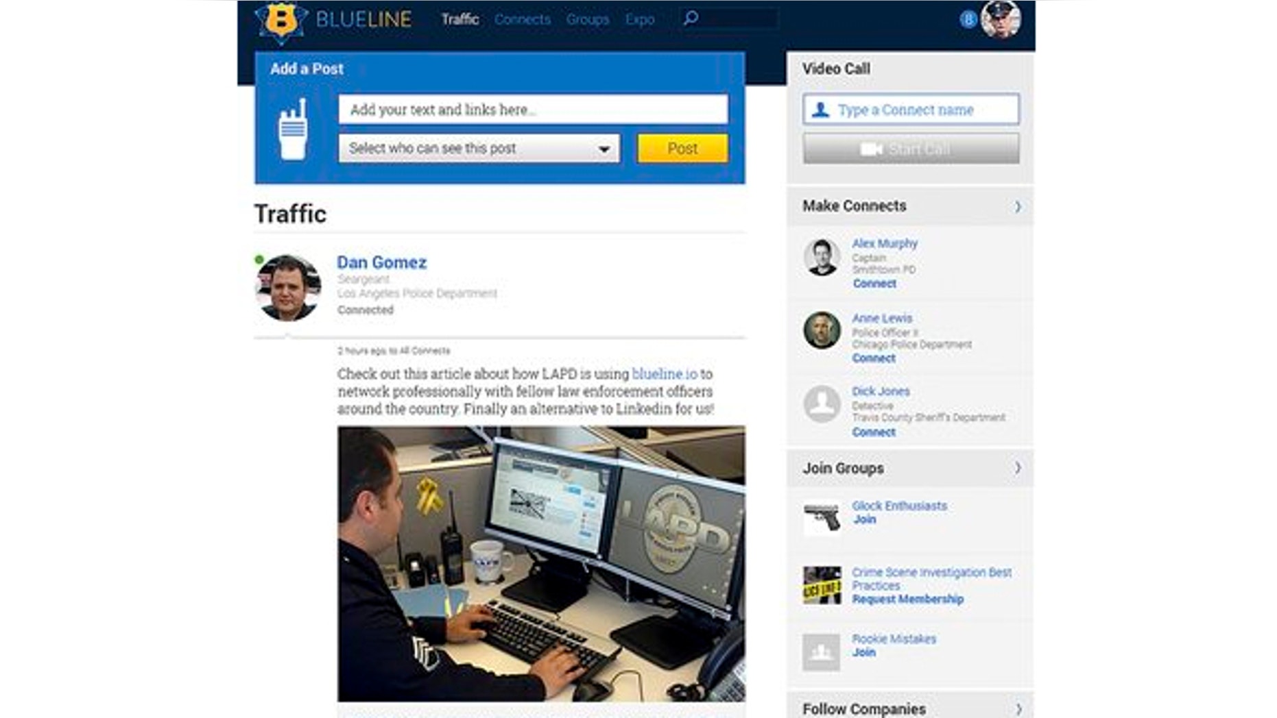 In this screen grab provided by BlueLine shows the webpage for BlueLine, a social media network exclusively for the men and women in blue, a la Facebook, with "likes" and sharing.