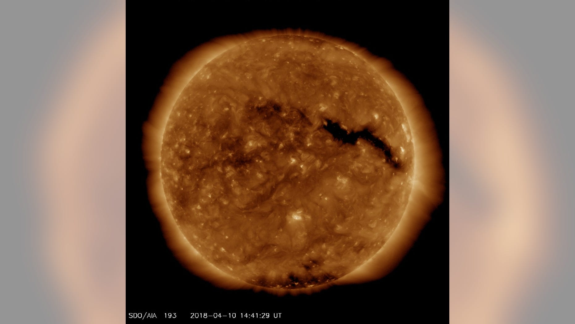 A coronal hole on the sun can be seen in this image from April 10, 2018, taken by NASA's Solar Dynamics Observatory.