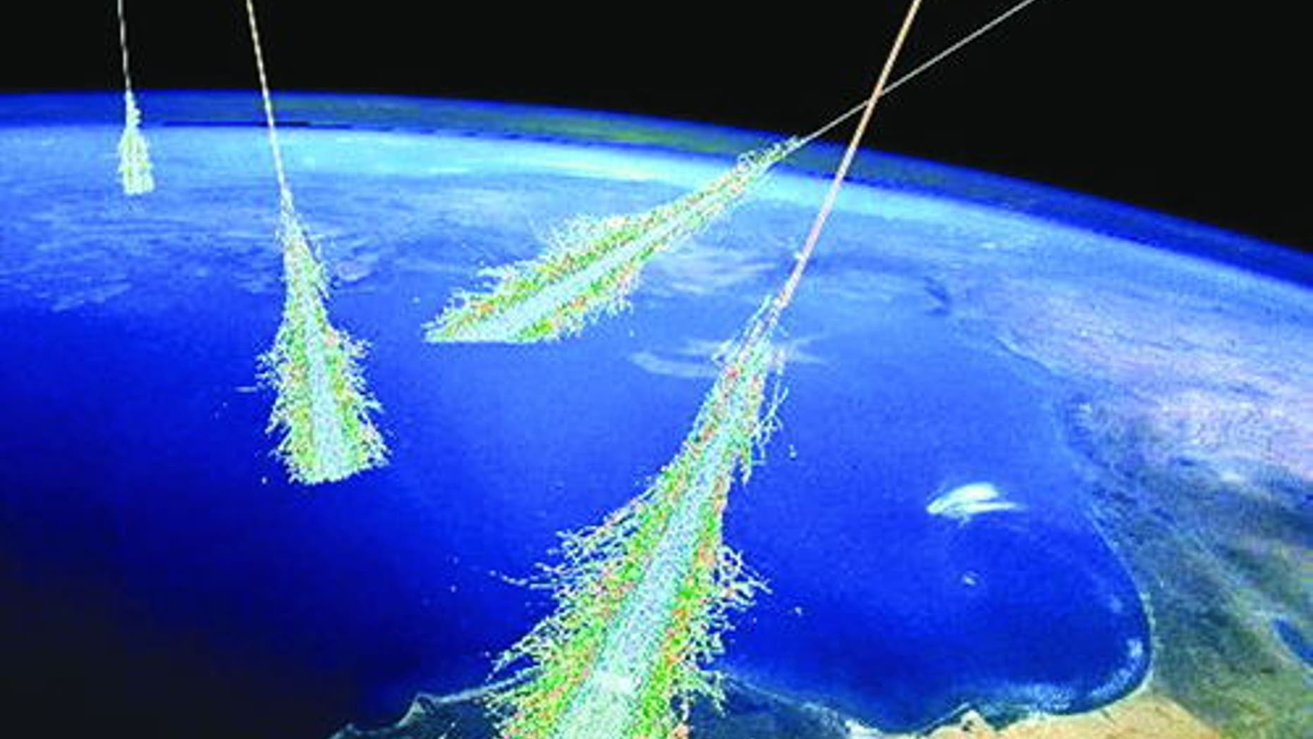 An artist's concept of the shower of particles produced when Earth's atmosphere is struck by ultra-high-energy cosmic rays.