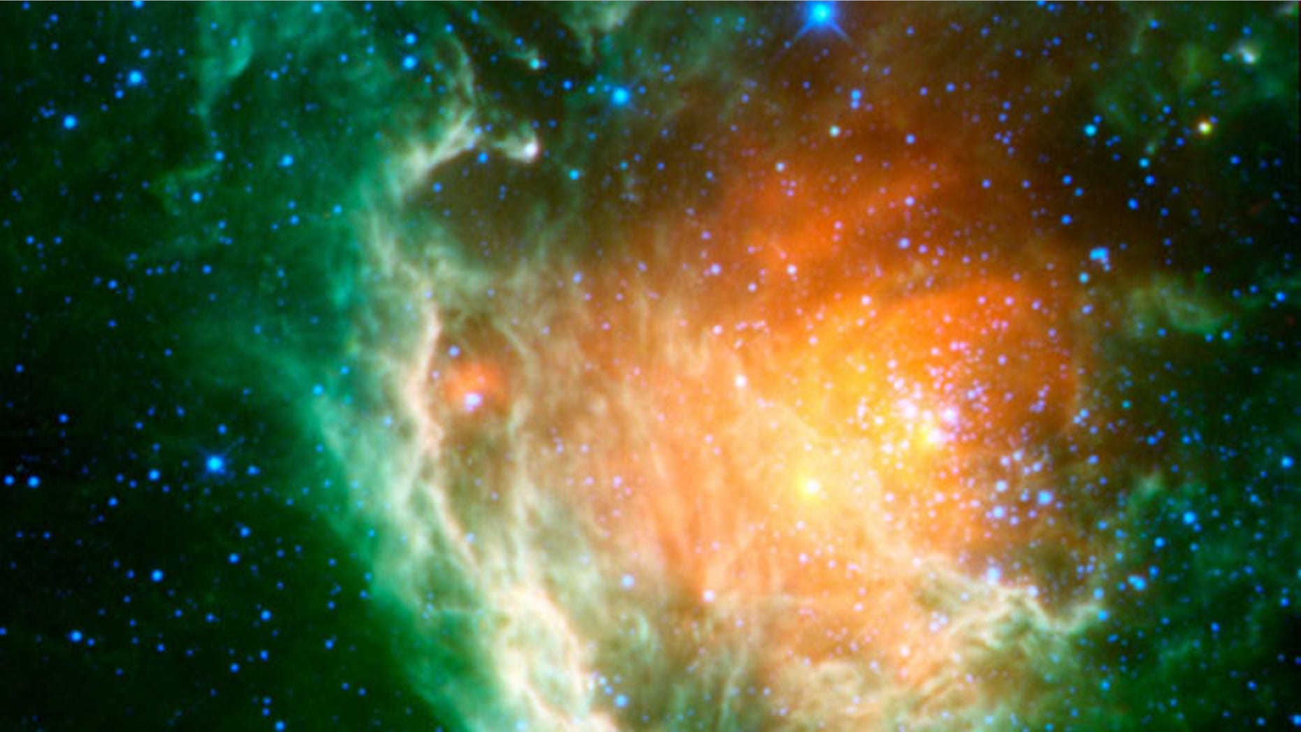 This infrared image from NASA's WISE space telescope shows a cosmic rosebud blossoming with new stars, including the Berkeley 59 cluster and a supernova remnant.