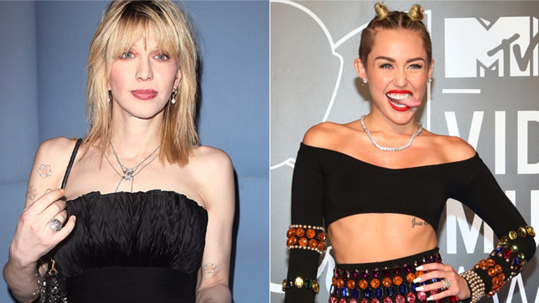 Courtney Love, left, has spoken out in support of Miley Cyrus.