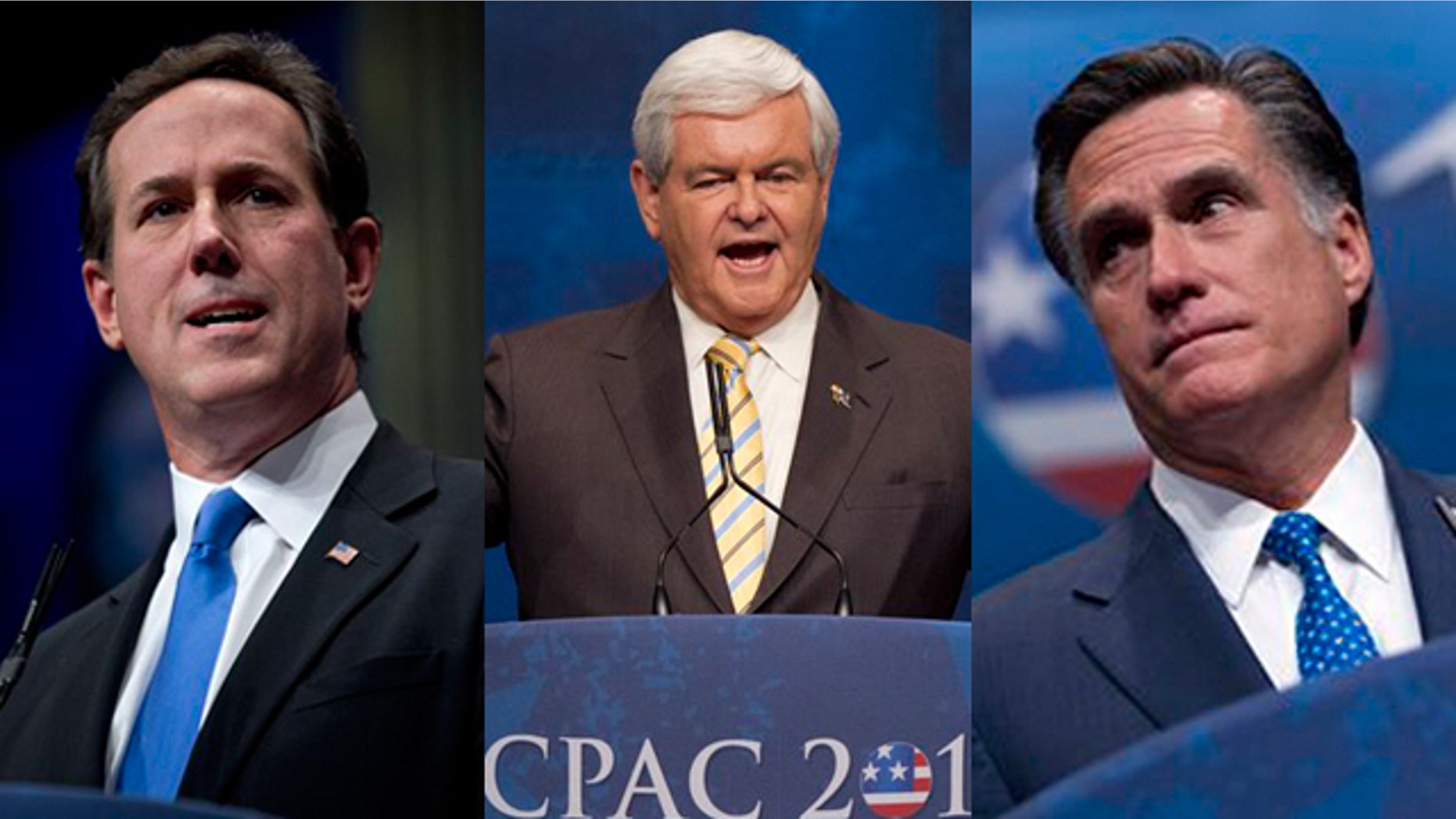 Feb. 10, 2012: Rick Santorum, Newt Gingrich and Mitt Romney speak at the Conservative Political Action Conference in Washington, D.C.