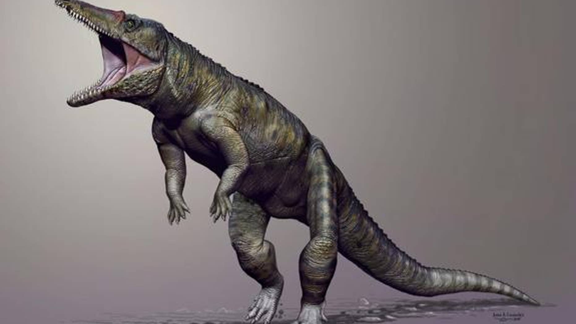 A life reconstruction of the giant crocodile ancestor (<em>Carnufex carolinensis</em>) that lived some 231 million years ago in what is now North Carolina.