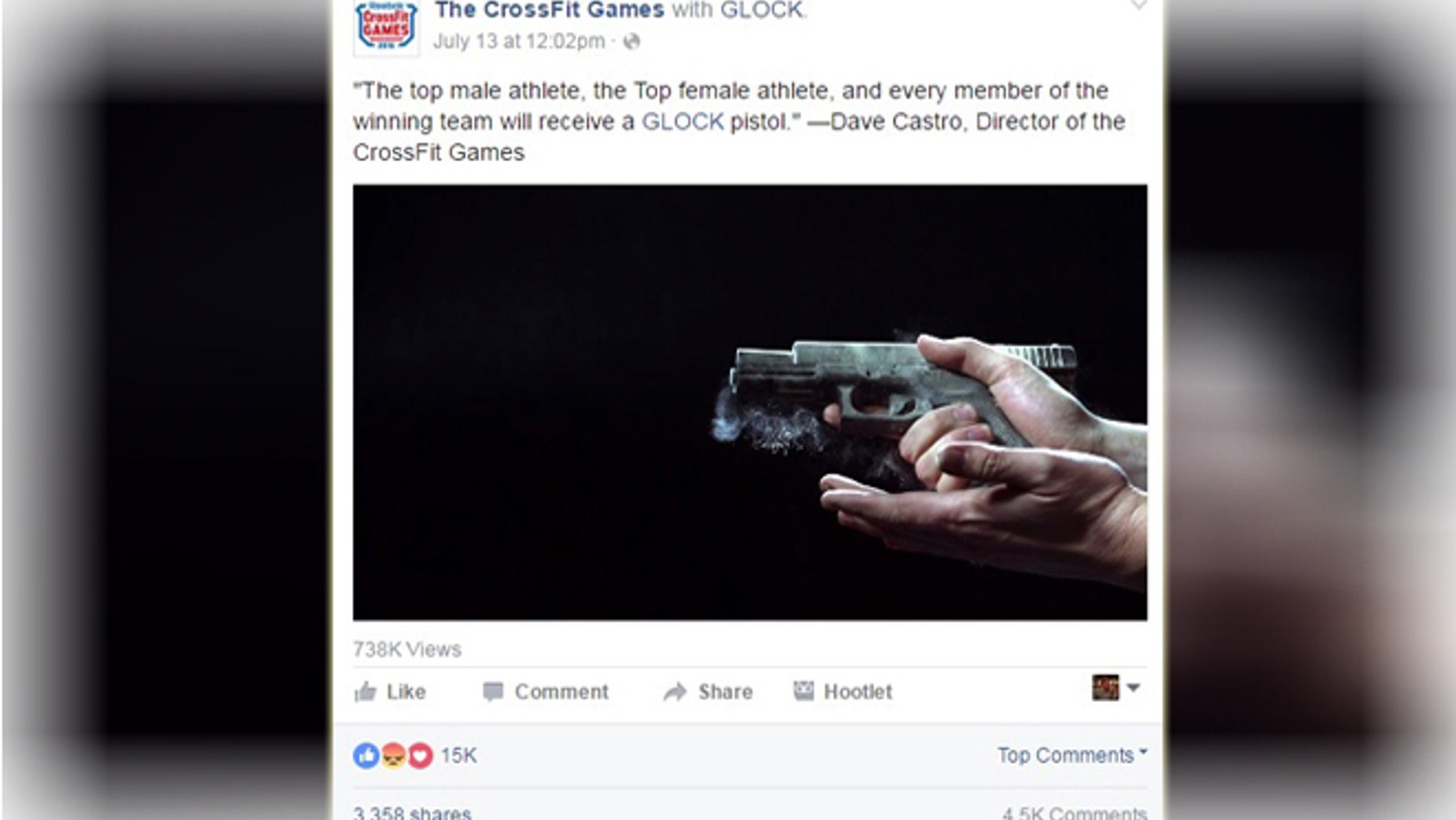 The founder of the hugely popular CrossFit Games recently announced that he would be giving away the pistols to athletes that win the competition referring to it as "Glock for the podium.”