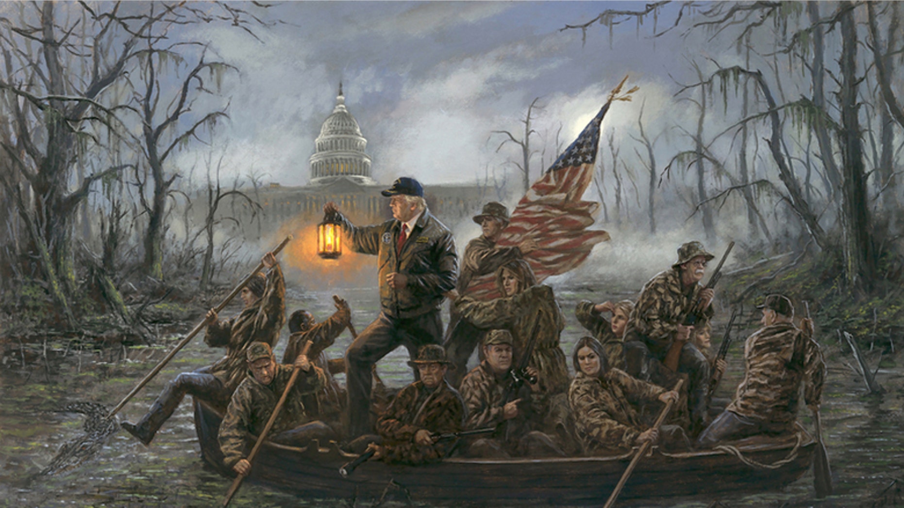 Jon McNaughton's "Crossing the Swamp" is a riff on the classic "Washington Crossing the Delaware," but replacing George Washington's crew with members of President Trump's administration.