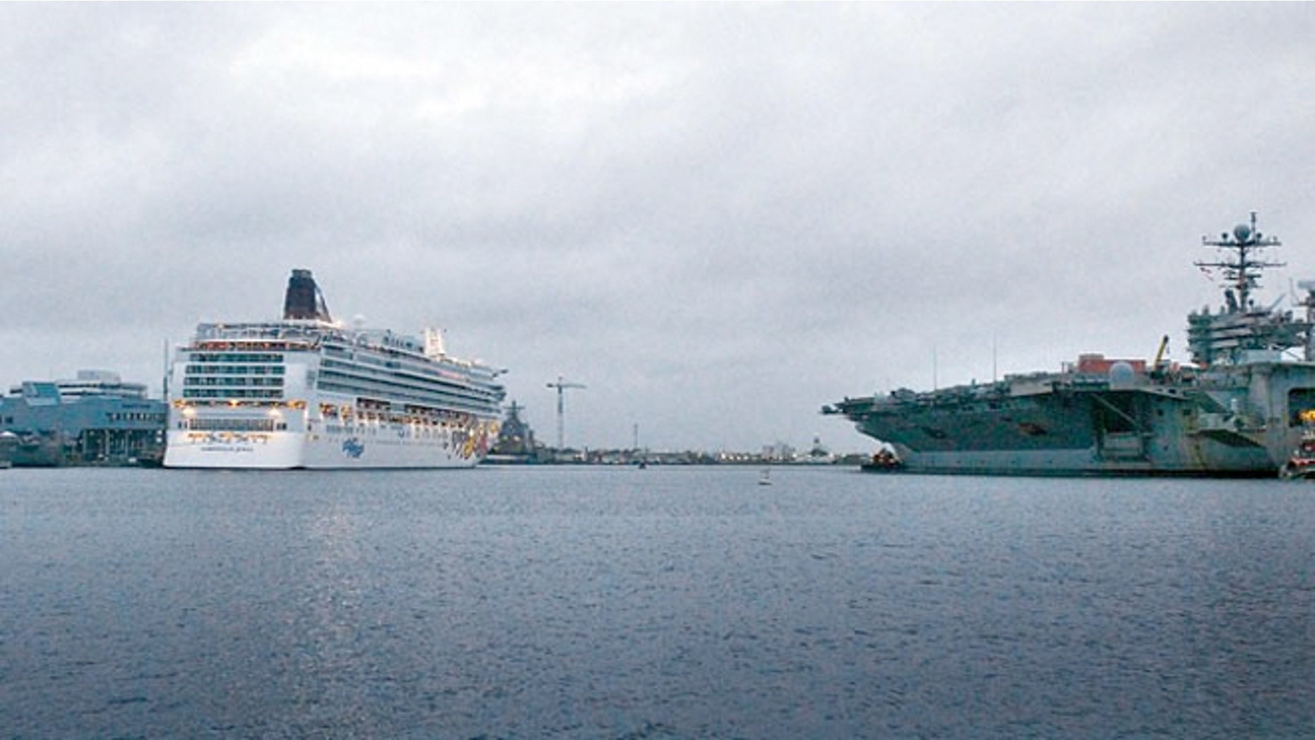 Oct. 26, 2012: One of NCL cruise ship docked in Norfolk as it heads to the Norfolk Naval Ship Yard to refuge from the hurricane.