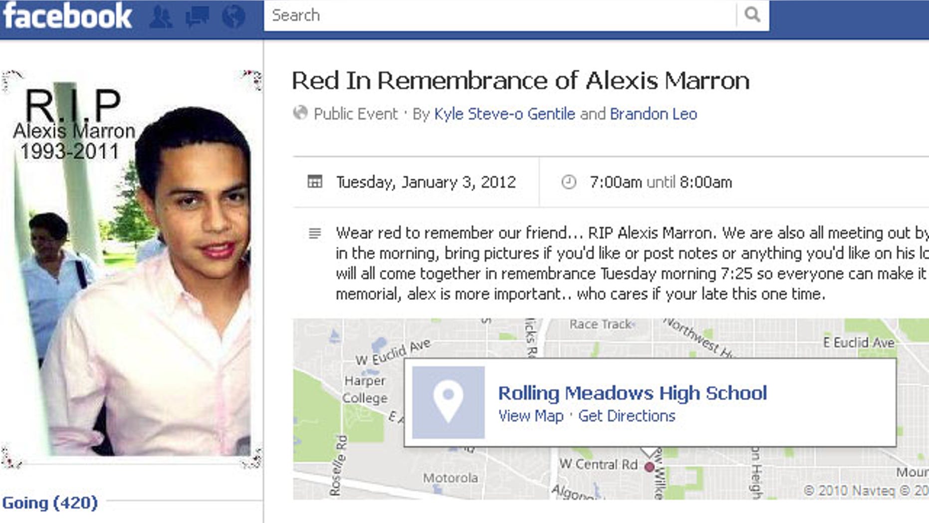 Friends of Alexis Marron, 18, have created a "Red in Remembrance" Facebook page in his honor.