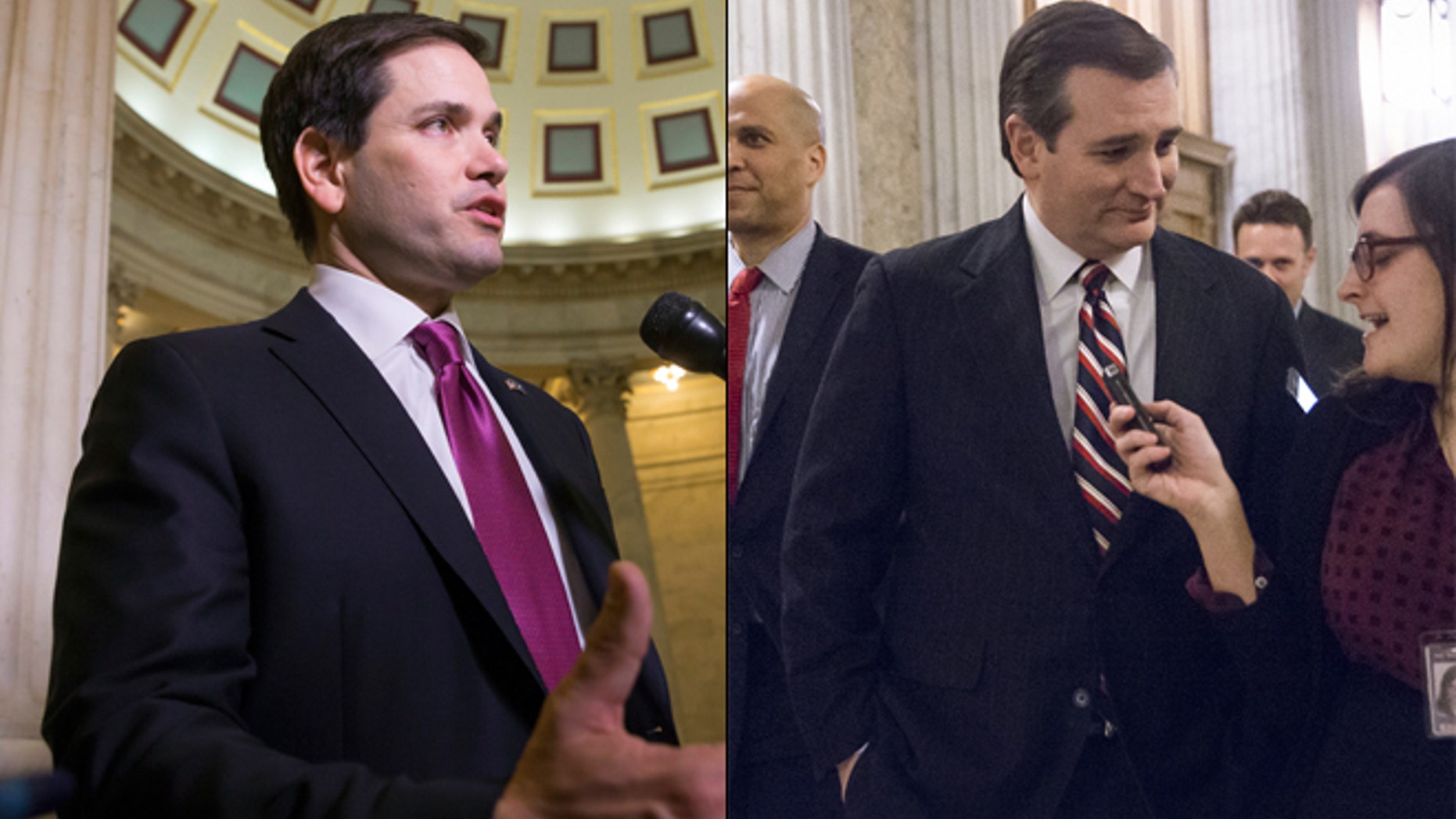 Feb. 10, 2016: Sens. Marco Rubio, left, and Ted Cruz take a break from the campaign trail -- to vote on Capitol Hill. (AP)