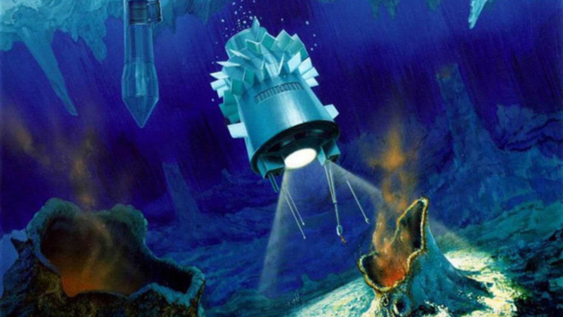 An artist's impression of a torpedo-shaped cryobot having penetrated through Europa's ice layer and released a probe into the ocean below.