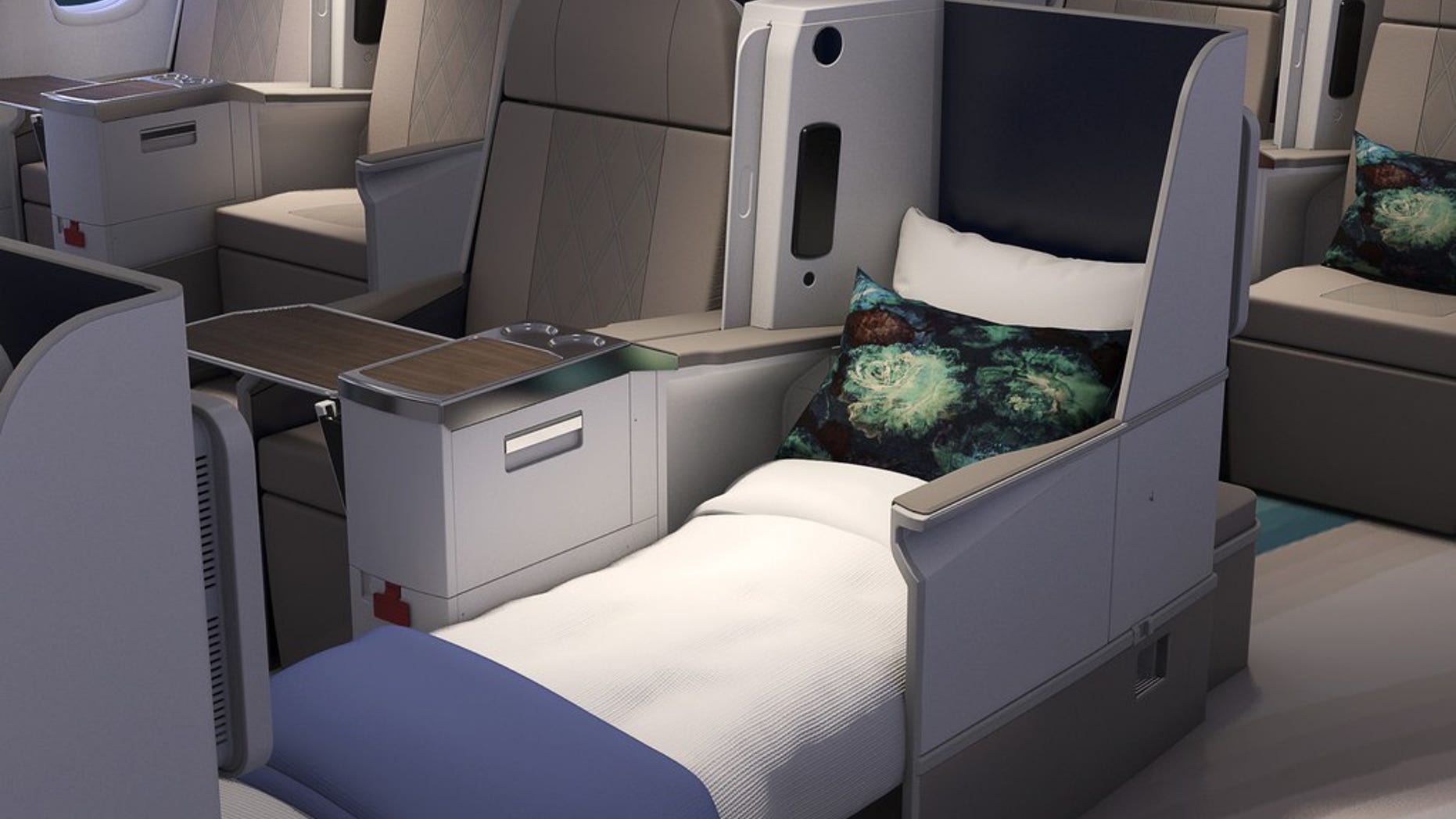 The plane's interior includes 84 lie-flat seats