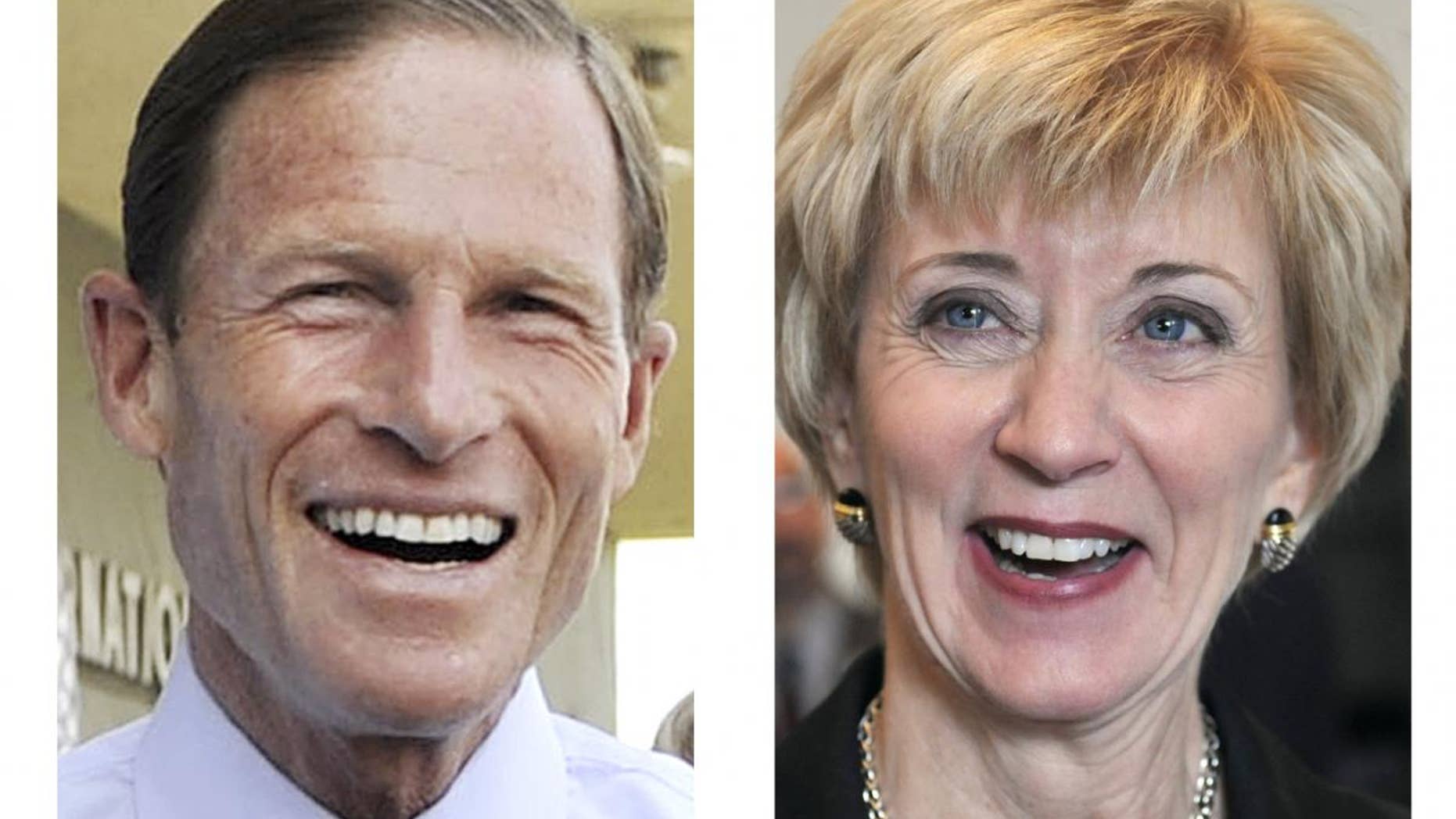 This combination of 2010 photos shows Democrat Richard Blumenthal, left, and Republican Linda McMahon, right, candidates in the Nov. 2, general election in Connecticut for the U.S. Senate seat being vacated by Christopher Dodd. (AP Photo/Jessica Hill)