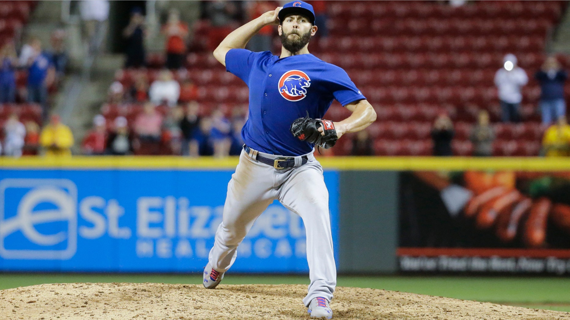 April 21, 2016: Chicago Cubs starting pitcher Jake Arrieta throws the final pitch of his no-hitter to Eugenio Suarez of the Cincinnati Reds