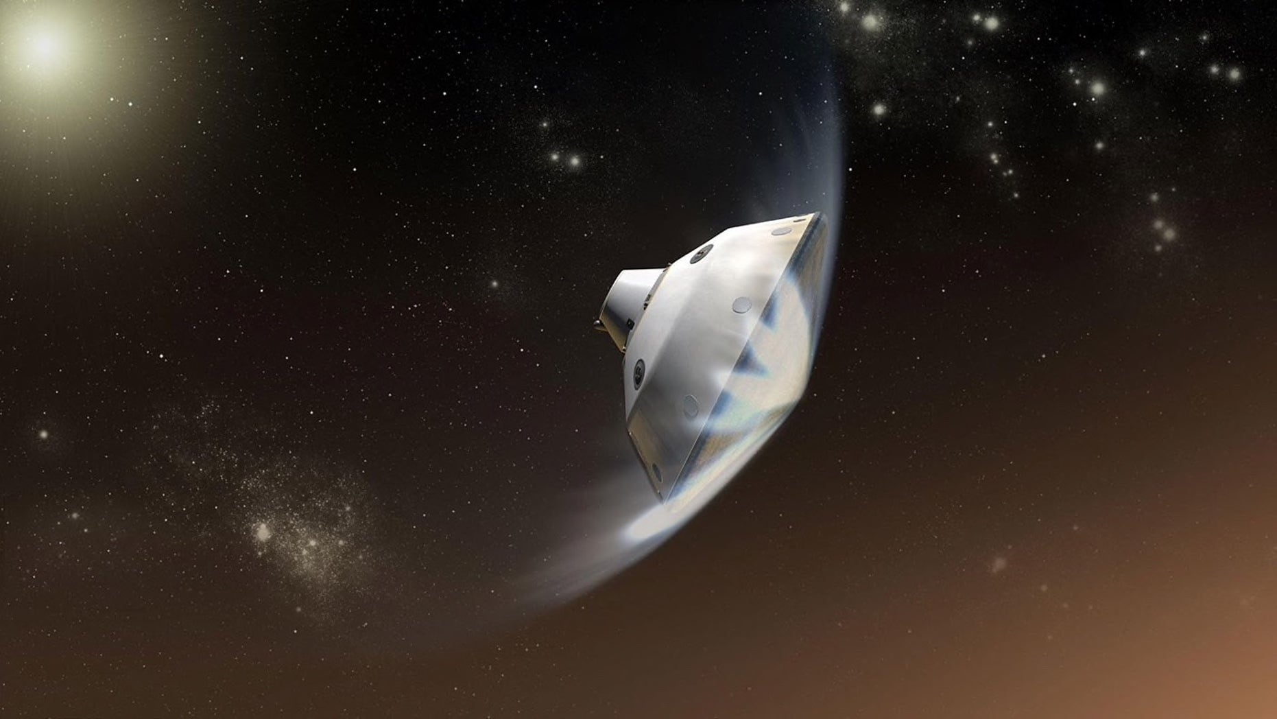 This artist's concept depicts the entry of NASA's Curiosity rover through Mars' upper atmosphere. The Mars 2020 mission will use aspects of this design for its project.