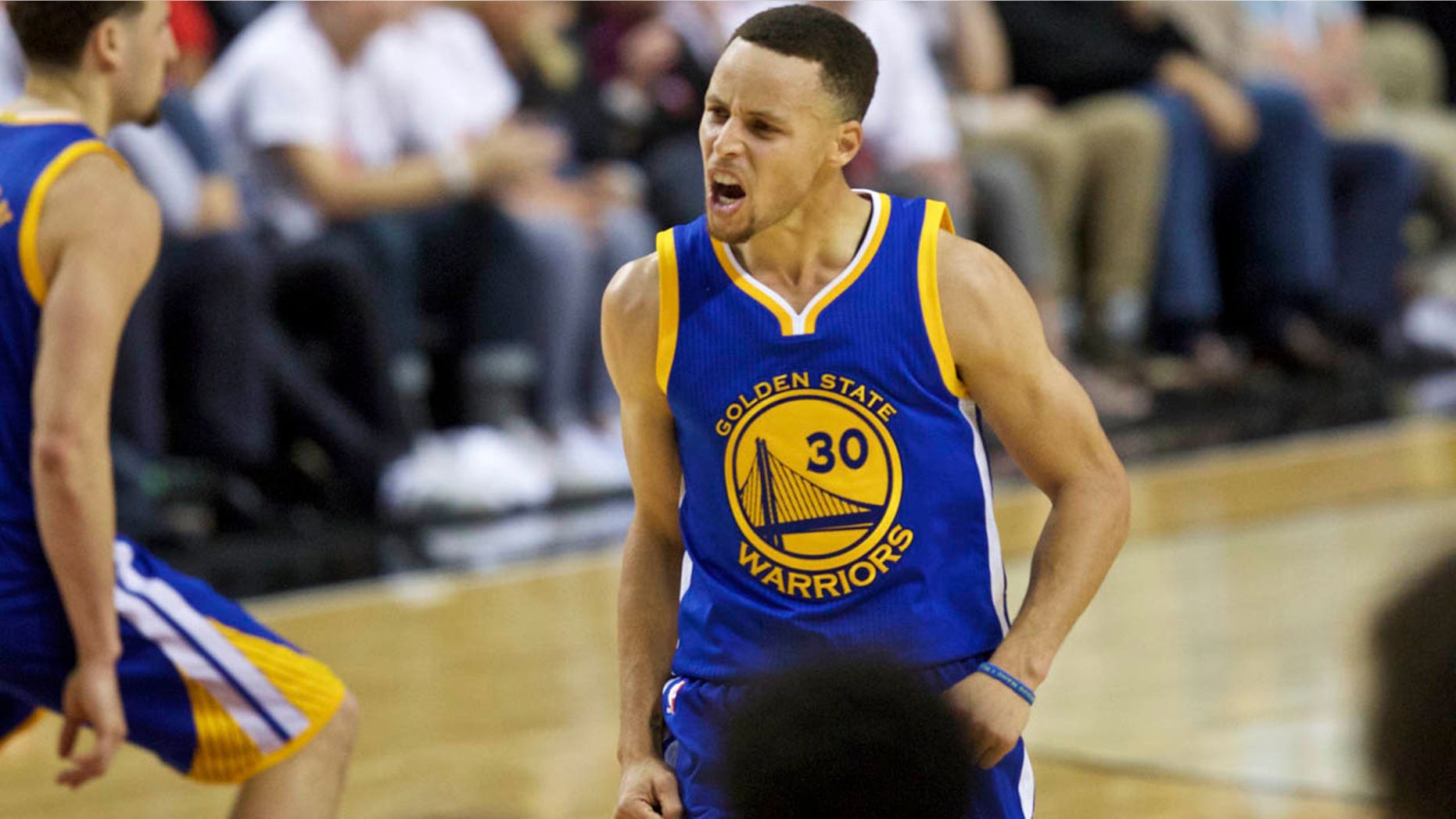 May 9, 2016: Golden State Warriors guard Stephen Curry reacts after making a basket against the Portland Trail Blazers during the second half of Game 4 of an NBA basketball second-round playoff series.