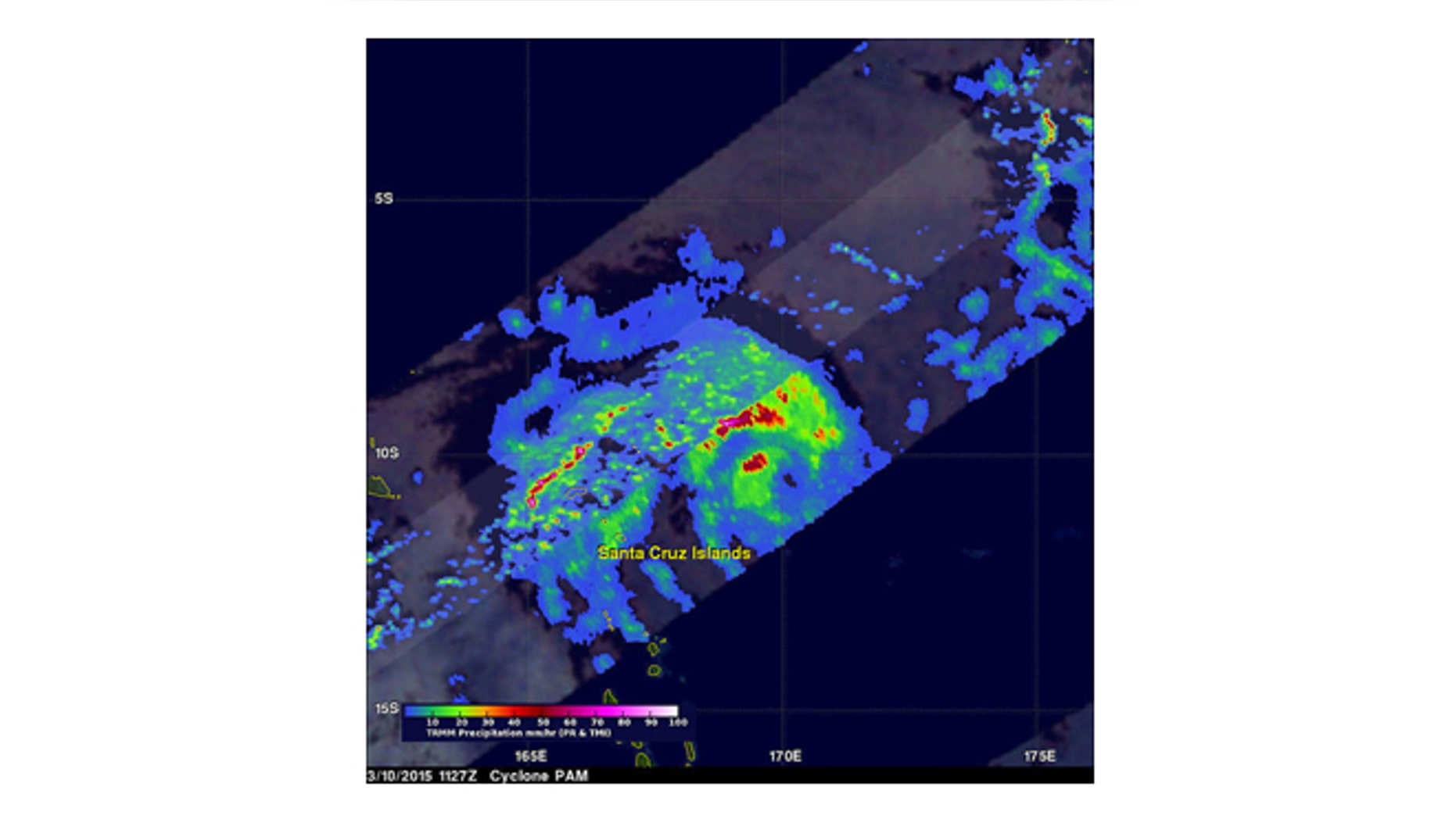 Cyclone Pam was dropping rain at rate of 6.2 inches per hour (NASA)